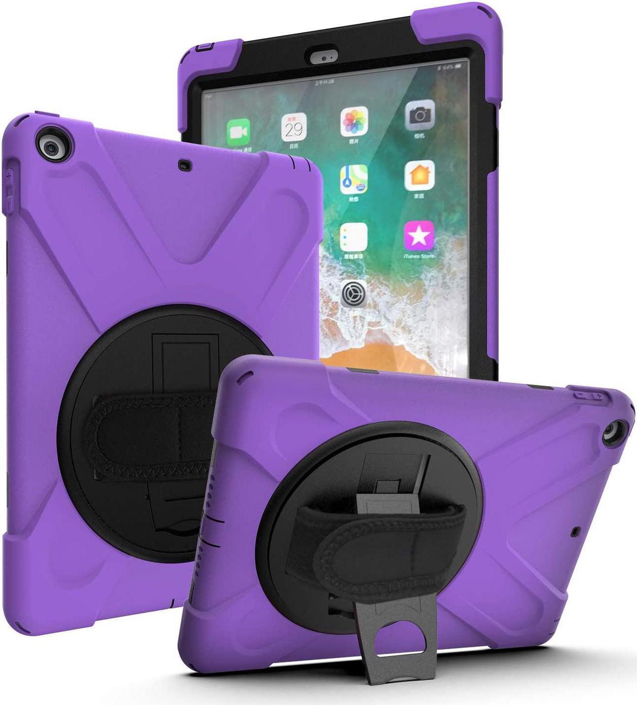 iPad 9.7 2017/2018 5th 6th Gen Case, Shockproof Heavy Duty Case Cover Kickstand Carrying Sling Strap Tempered Glass Screen Protector for Apple iPad 5th 6th Gen (Shield Purple)