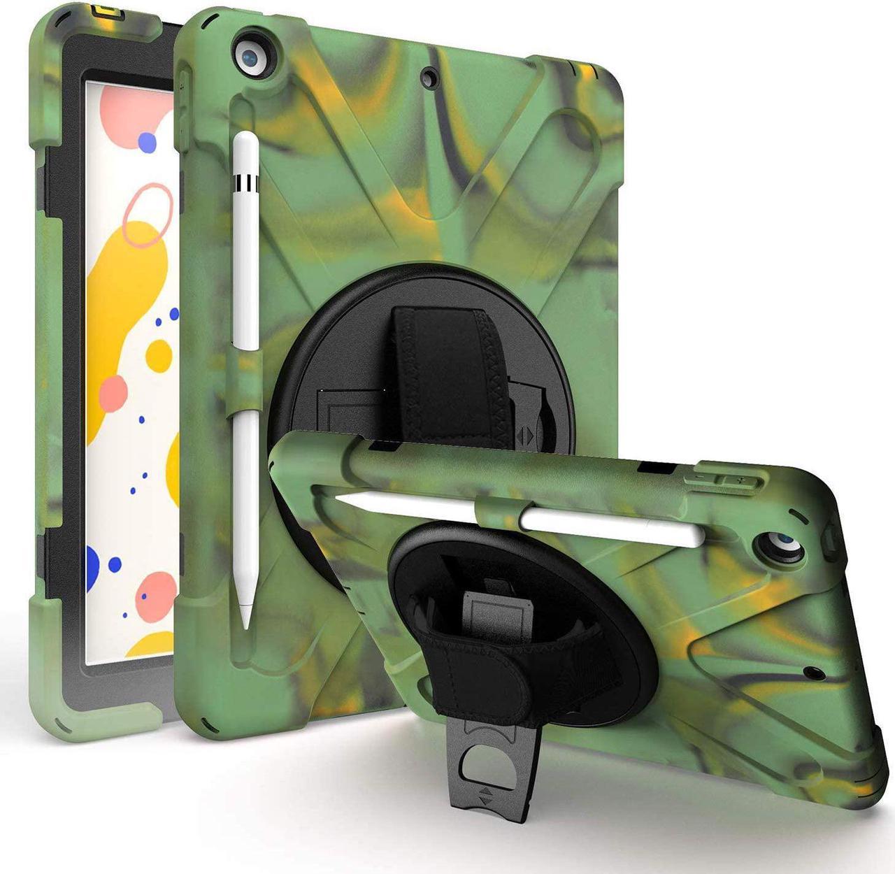 iPad 8th Gen 10.2 Case Heavy Duty Shield Case Tempered Glass Screen Protector Cover Stand Rotating Handle Palm Grip Carrying Sling Strap for Apple iPad 10.2 2019/2020 7th 8th [Camouflage]