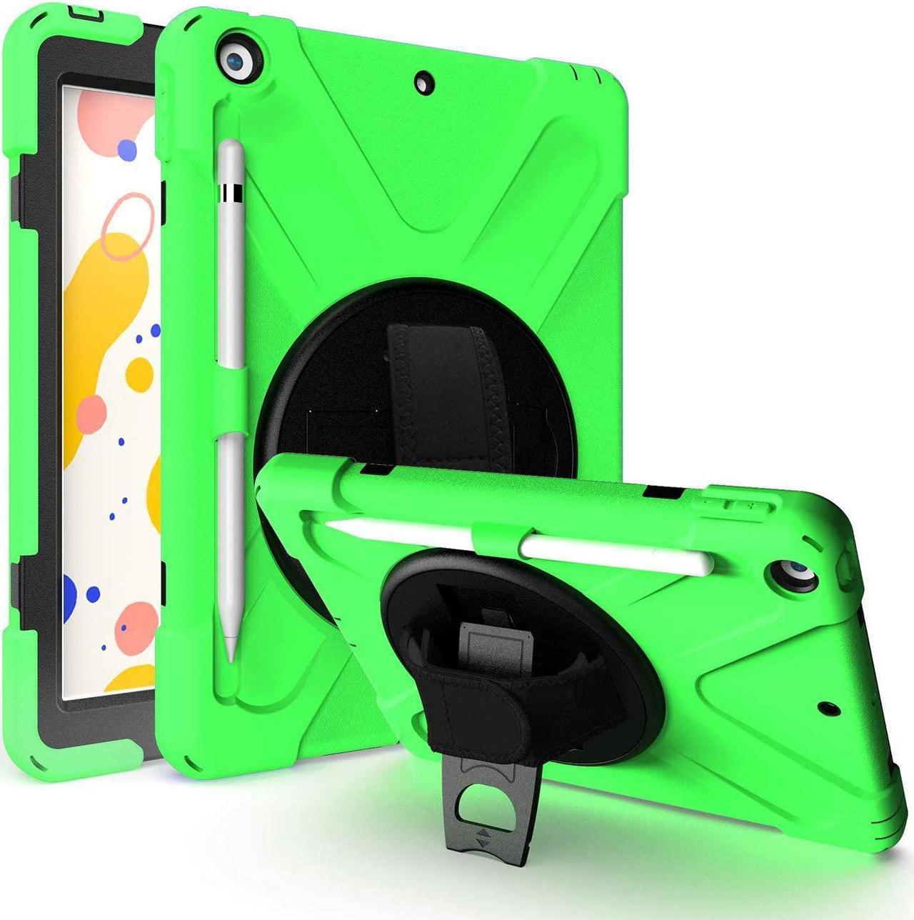 iPad 8th Gen 10.2 Case Heavy Duty Shield Case Tempered Glass Screen Protector Cover Stand Rotating Handle Palm Grip Carrying Sling Strap for Apple iPad 10.2 2019/2020 7th 8th [Green]