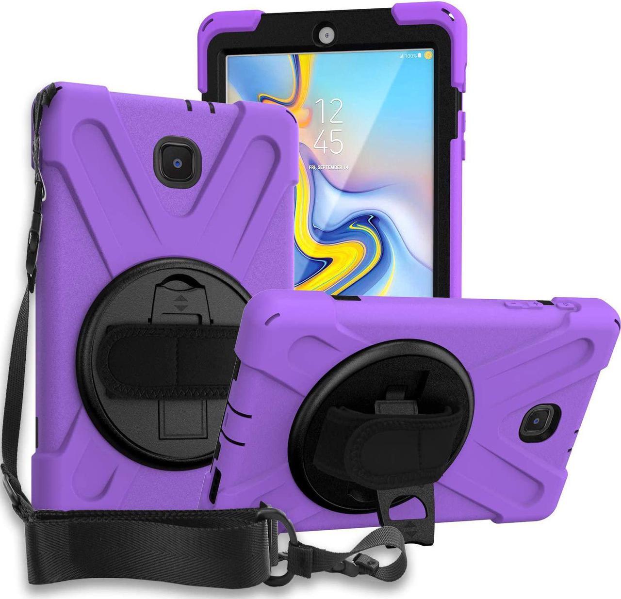 Galaxy Tab A 8.0 T387 Case, Heavy Duty Case Tempered Glass Screen Protector Cover Kickstand Handle Carrying Sling Strap for Samsung Galaxy Tab A 8.0 2018/2019 LTE SM-T387 (Purple)