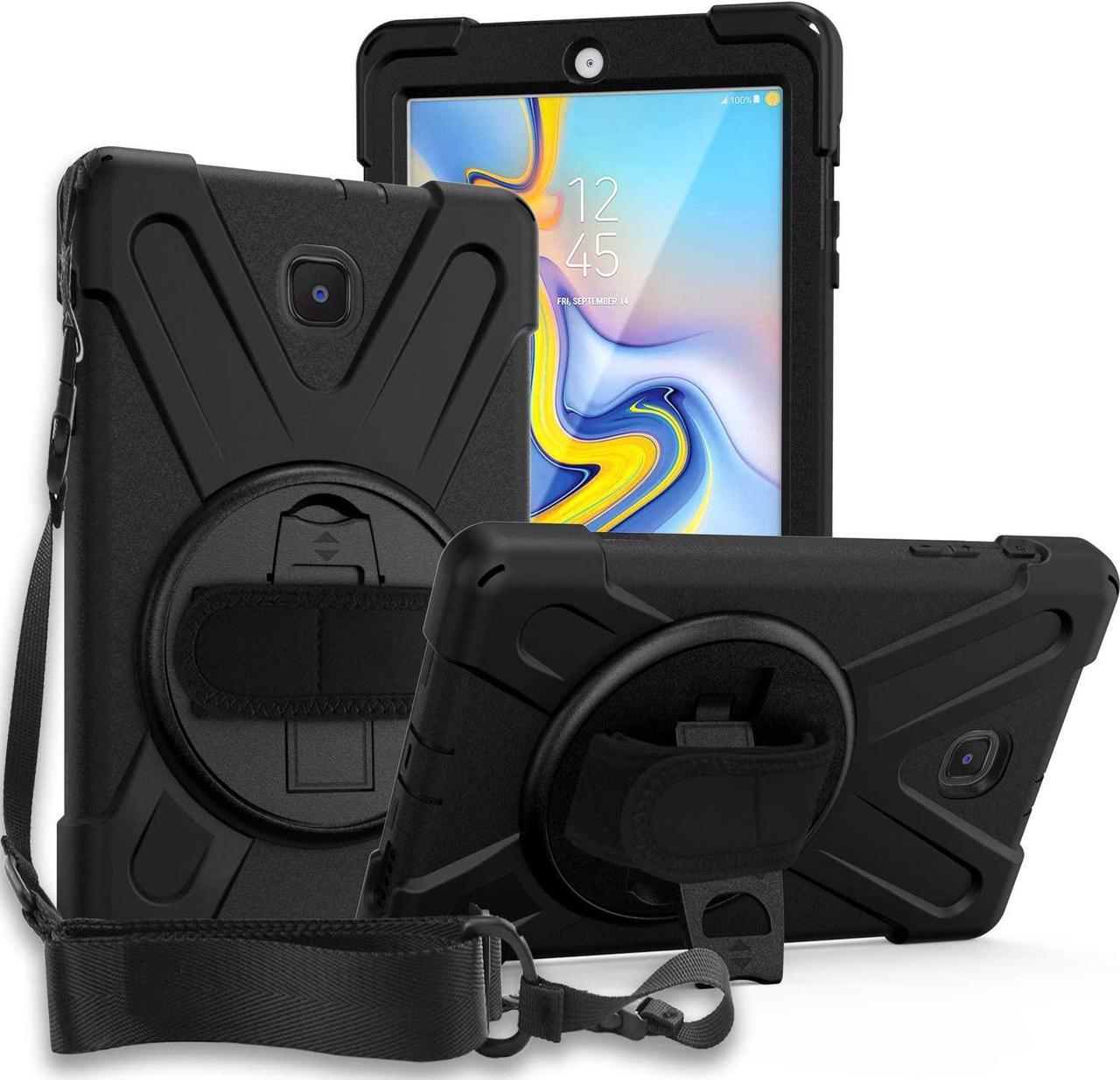 Galaxy Tab A 8.0 T387 Case, Heavy Duty Case Tempered Glass Screen Protector Cover Kickstand Handle Carrying Sling Strap for Samsung Galaxy Tab A 8.0 2018/2019 LTE SM-T387 (Black)