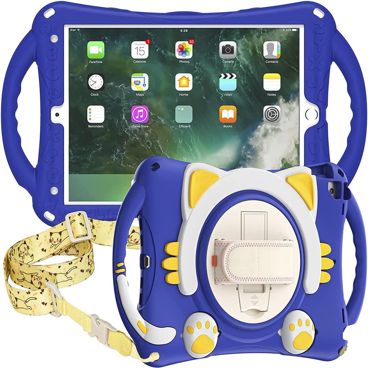 iPad 10.2 7th 8th Gen, Heavy Duty Rugged Protection Cute Kid-Friendly Case Cover Stand/Shoulder Strap for Apple iPad 10.2 / Pro 10.5 / Air 10.2 [ Cat Shield-Dark Blue]