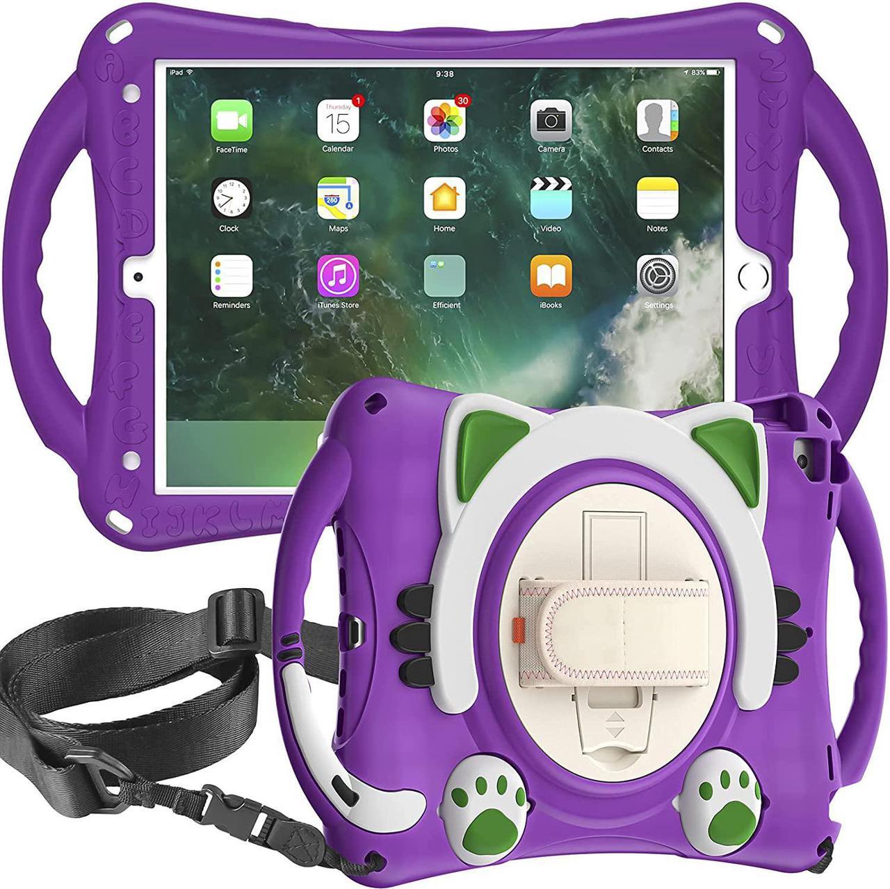 iPad 10.2 7th 8th Gen, Heavy Duty Rugged Protection Cute Kid-Friendly Case Cover Stand/Shoulder Strap for Apple iPad 10.2 / Pro 10.5 / Air 10.2 [ Cat Shield-Purple]