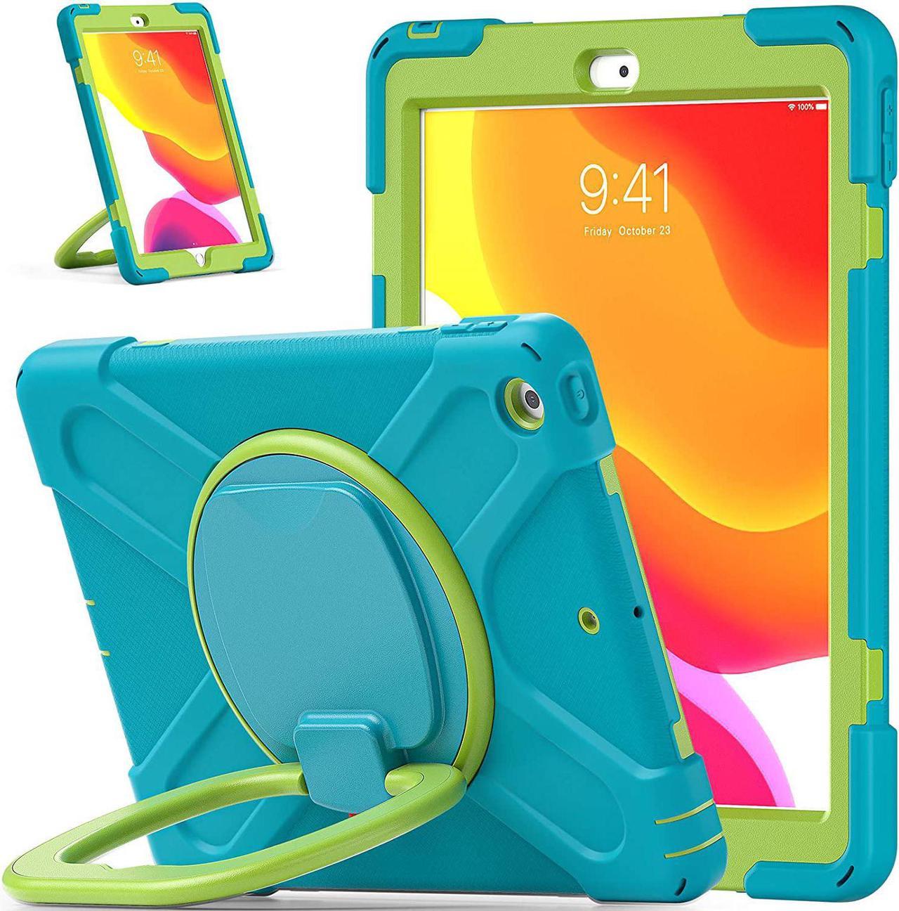 iPad 10.2 7th 8th Gen Case, Heavy Duty Protection Cover with Handle Stand Carrying Shoulder Strap Sling for Apple iPad 10.2" (Light Blue / Lime Green)