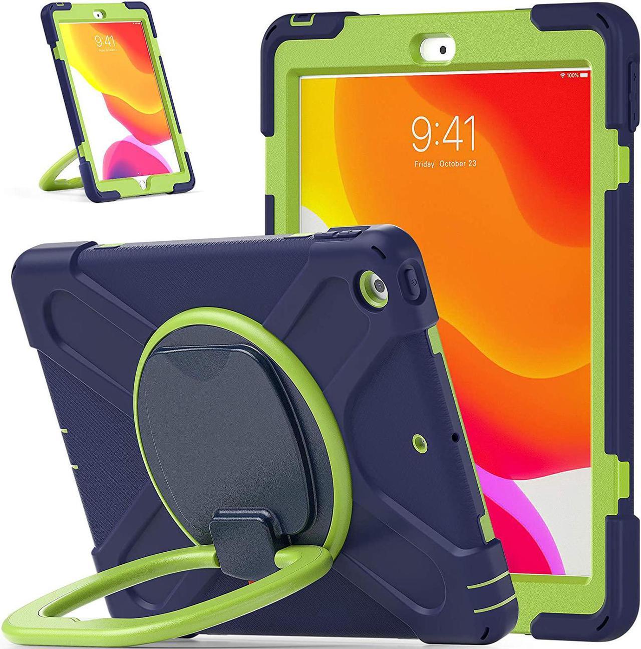 iPad 10.2 7th 8th Gen Case, Heavy Duty Protection Cover with Handle Stand Carrying Shoulder Strap Sling for Apple iPad 10.2" (Dark Blue / Lime Green)