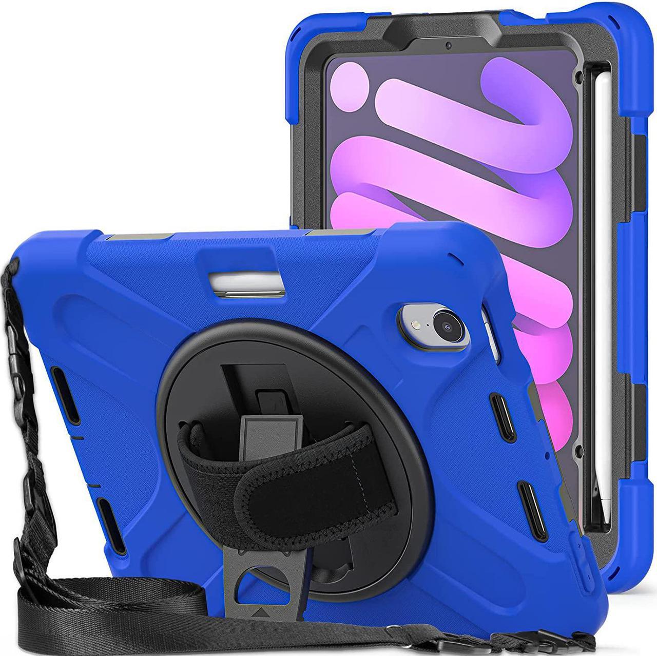 iPad Mini 6 Case, Heavy Duty Shockproof Protection, Kickstand, Hand Strap, Pencil Holder Loop, Carry Shoulder Sling for Apple iPad Mini 6 (2021) (Blue)