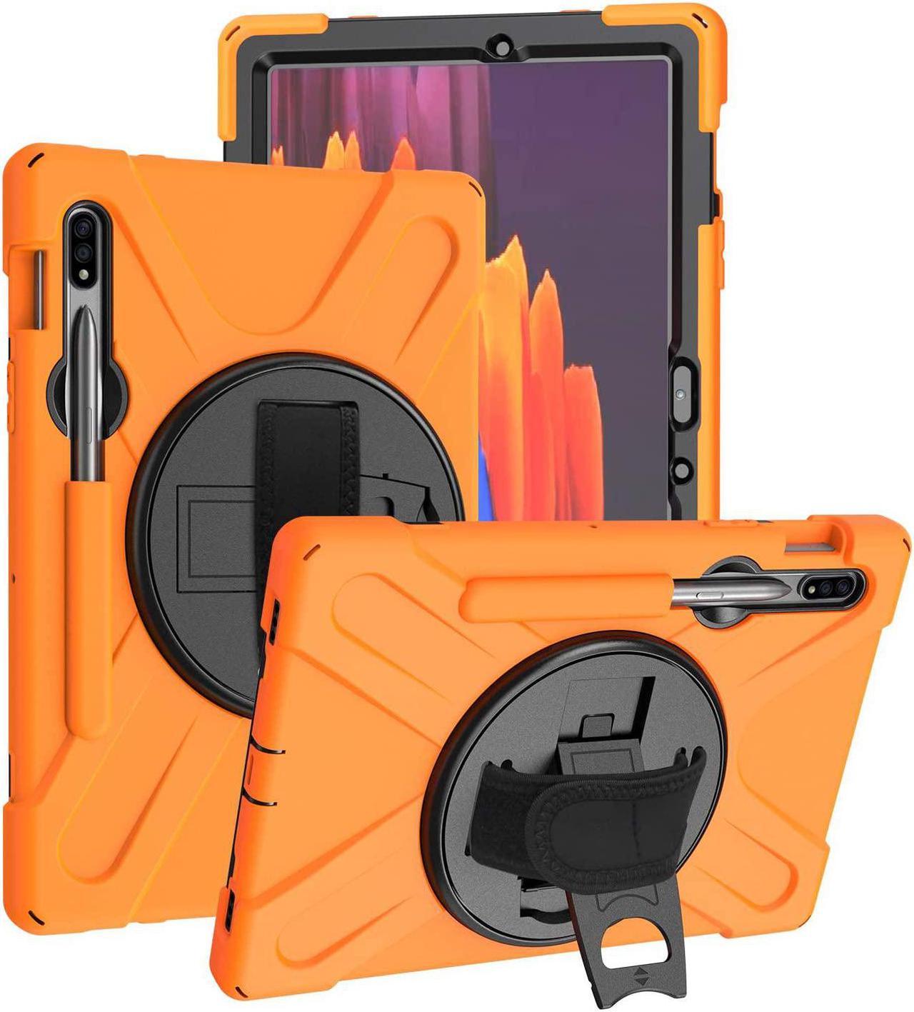 Shockproof Case Full-Body Heavy Duty Cover Stand with Shatterproof Ceramic Screen Protector for Samsung Galaxy Tab S7 Plus 12.4 2020 SM-T970 (Orange)