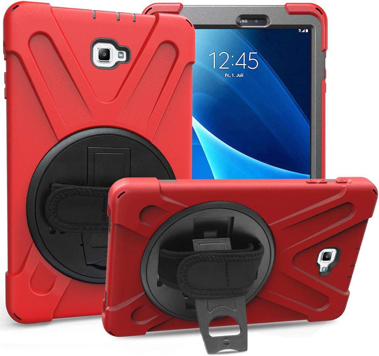 Galaxy Tab A 10.1 Inch Case by Heavy Duty Shield Rotating Palmstrap Kickstand Shoulder Strap Tempered Glass Screen Protector for Samsung Galaxy Tab A 10.1 P580 SM-P580 (Red)