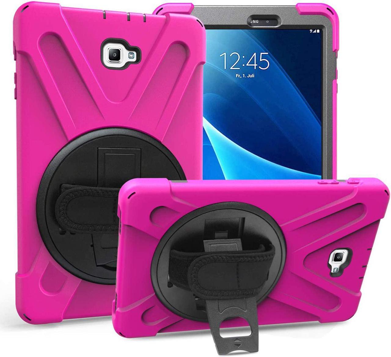 Galaxy Tab A 10.1 Inch Case by Heavy Duty Shield Rotating Palmstrap Kickstand Shoulder Strap Tempered Glass Screen Protector for Samsung Galaxy Tab A 10.1 P580 SM-P580 (Hot Pink)