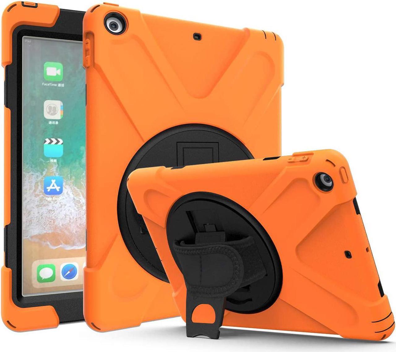 iPad 9.7 5th 6th Gen Case, Rugged Shield Heavy Duty Cover Case, Shockproof, Stand, Handstrap, Carrying Strap, Screen Protector for Apple iPad 5th 2017, 6th 2018 Generation (Shield Orange)