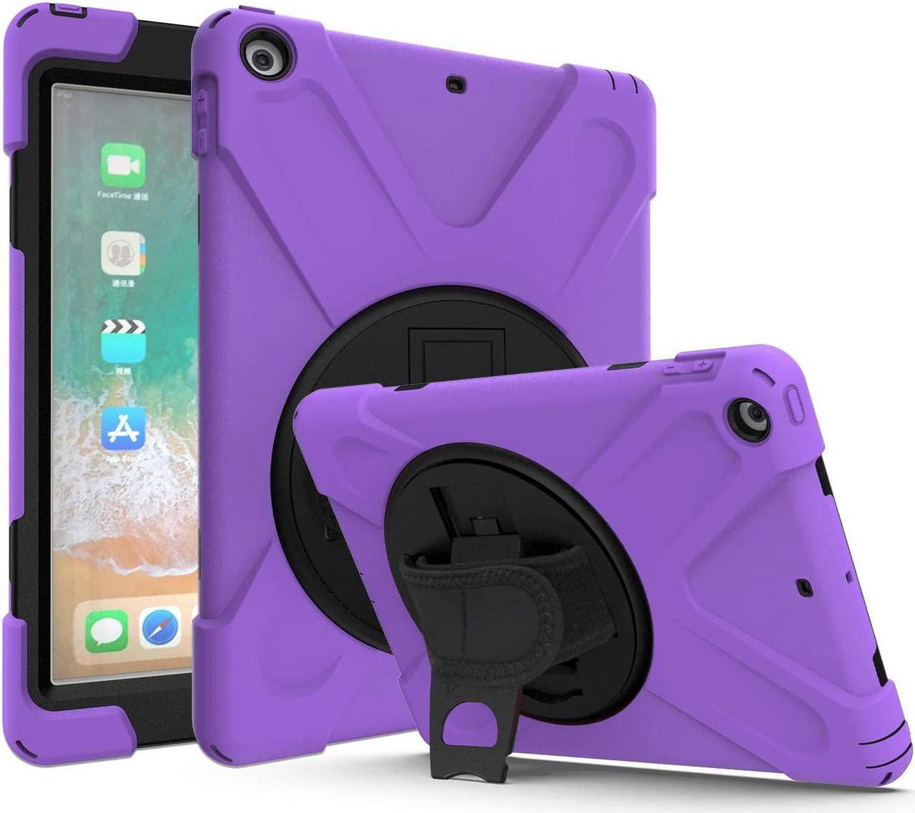 iPad 9.7 Case, Heavy Duty Case Tempered Glass Screen Protector Cover Kickstand Handle Carrying Sling Strap for Apple iPad 5th 6th Gen 2017 2018 (Purple)