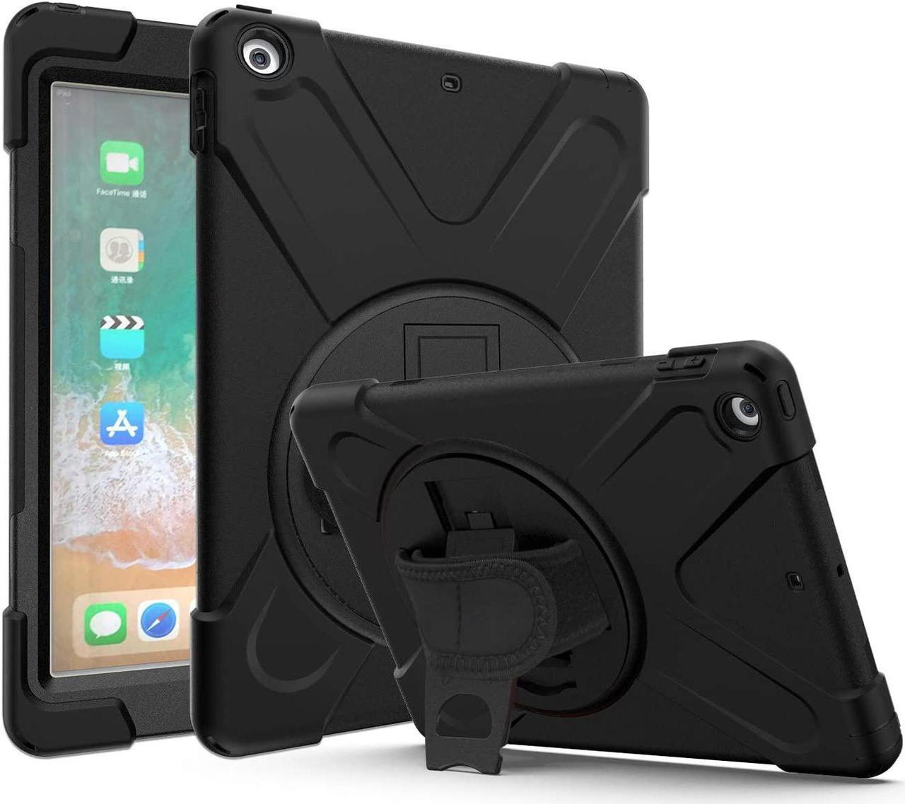 iPad 9.7 5th 6th Gen Case, Rugged Shield Heavy Duty Cover Case, Shockproof, Stand, Handstrap, Carrying Strap, Screen Protector for Apple iPad 5th 2017, 6th 2018 Generation (Shield Black)