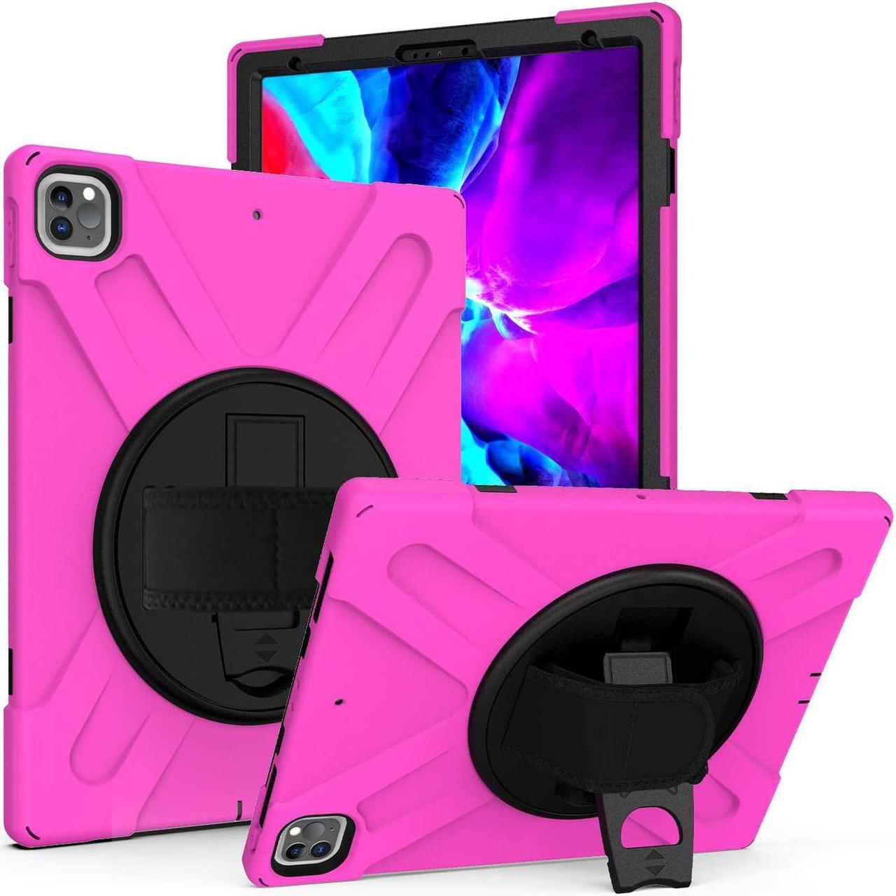 iPad Pro 12.9 2020 Case, Shockproof Heavy Duty Shield Durable Impact Drop-Protection, Kickstand, Handstrap, Case Cover for Apple iPad 12.9 (2020) [Hot Pink]