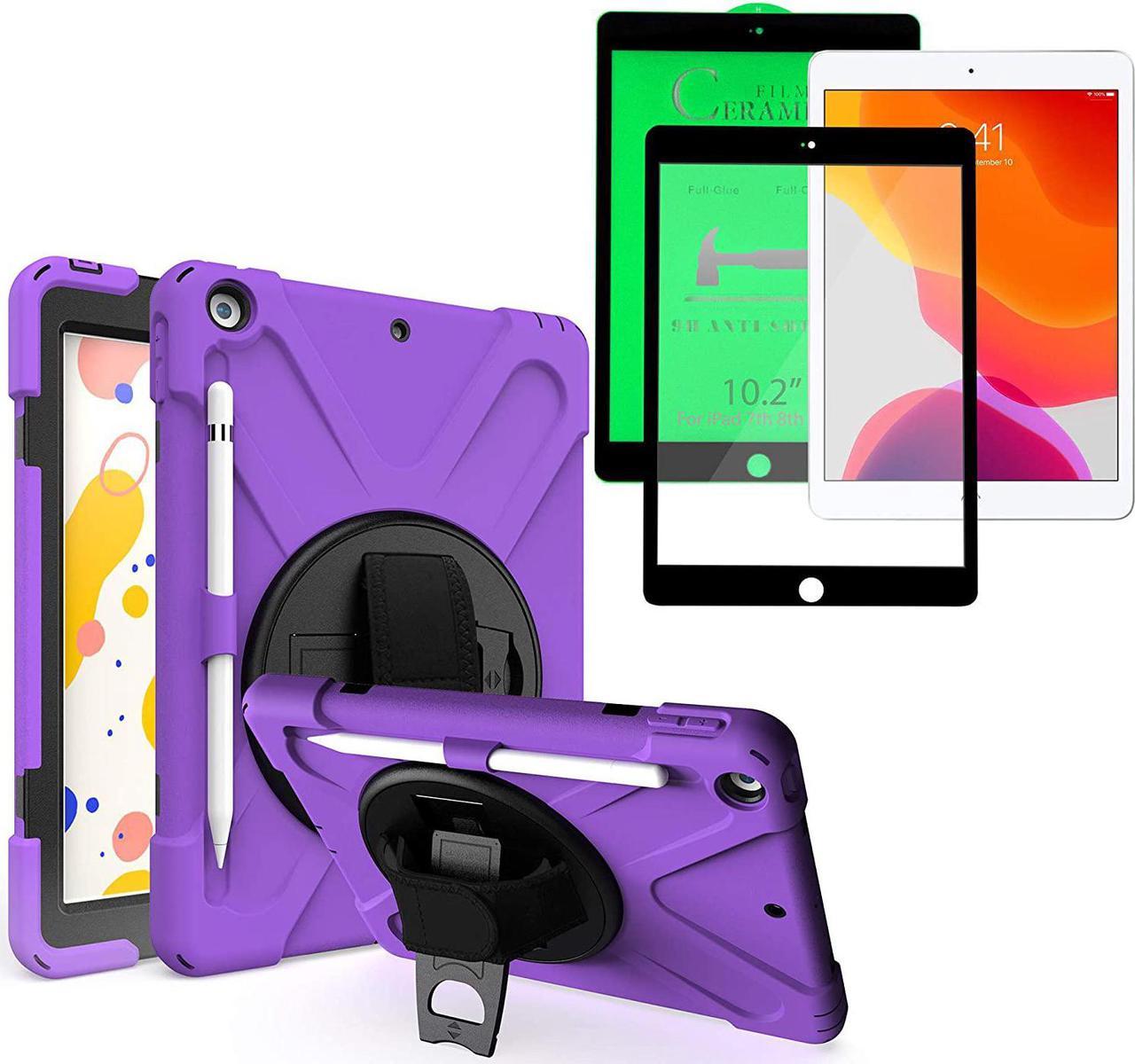 Shockproof Case Full-Body Heavy Duty Cover Stand with Shatterproof Ceramic Screen Protector for Apple iPad 10.2 7th 8th Gen (Purple)