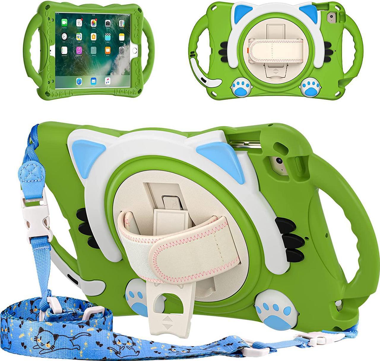 iPad Mini 1 2 3 4 5 Case, Shockproof Heavy Duty Cover Hand Strap Kickstand Carrying Shoulder Strap Sling for Apple iPad Mini 1st 2nd 3rd 4th 5th Gen [ Cat Shield-Frog Green]