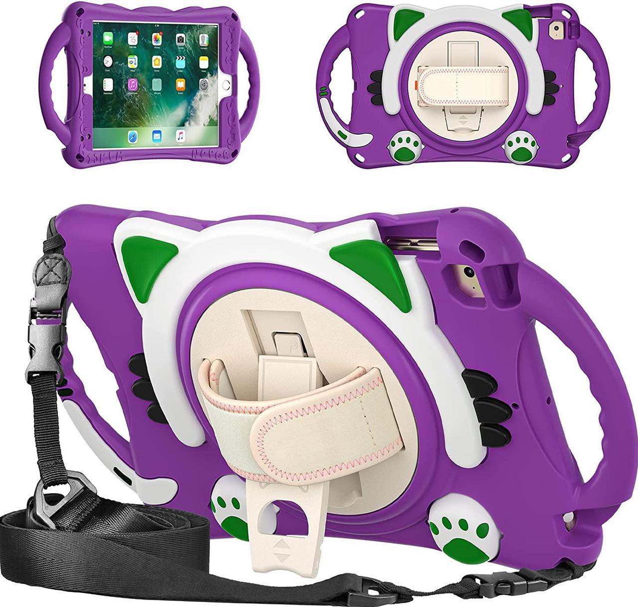 iPad Mini 1 2 3 4 5 Case, Shockproof Heavy Duty Cover Hand Strap Kickstand Carrying Shoulder Strap Sling for Apple iPad Mini 1st 2nd 3rd 4th 5th Gen [ Cat Shield-Purple]