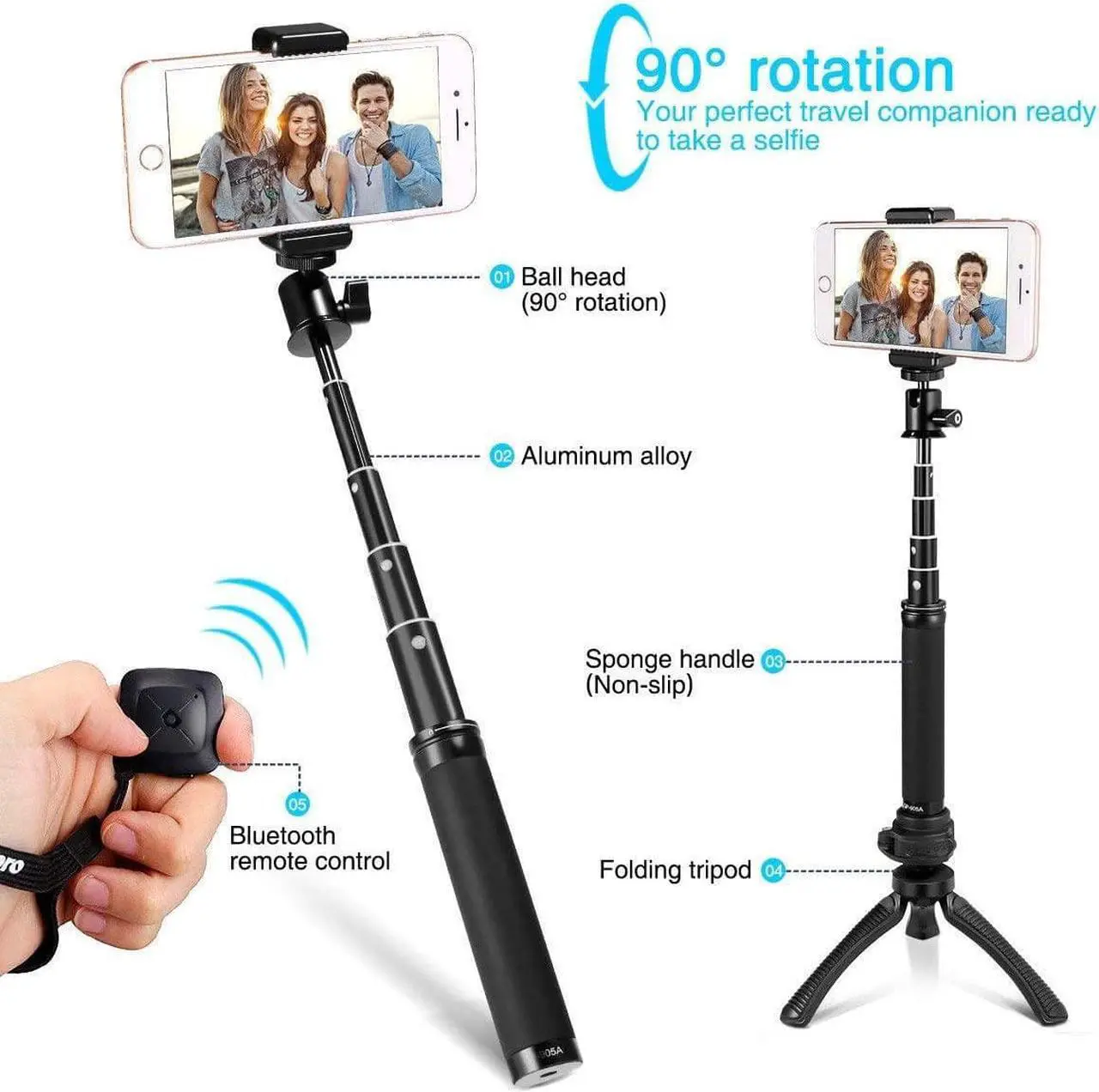 Alt view image 2 of 7 - Fotopro Selfie Stick, Tripod for iPhone, Selfie Stick Tripod Sets for Camera, Action Camera, iPhone 7 7Plus 6s 6 and Other Smartphones with Mobile Phone Adapter and Bluetooth Remote Shutter