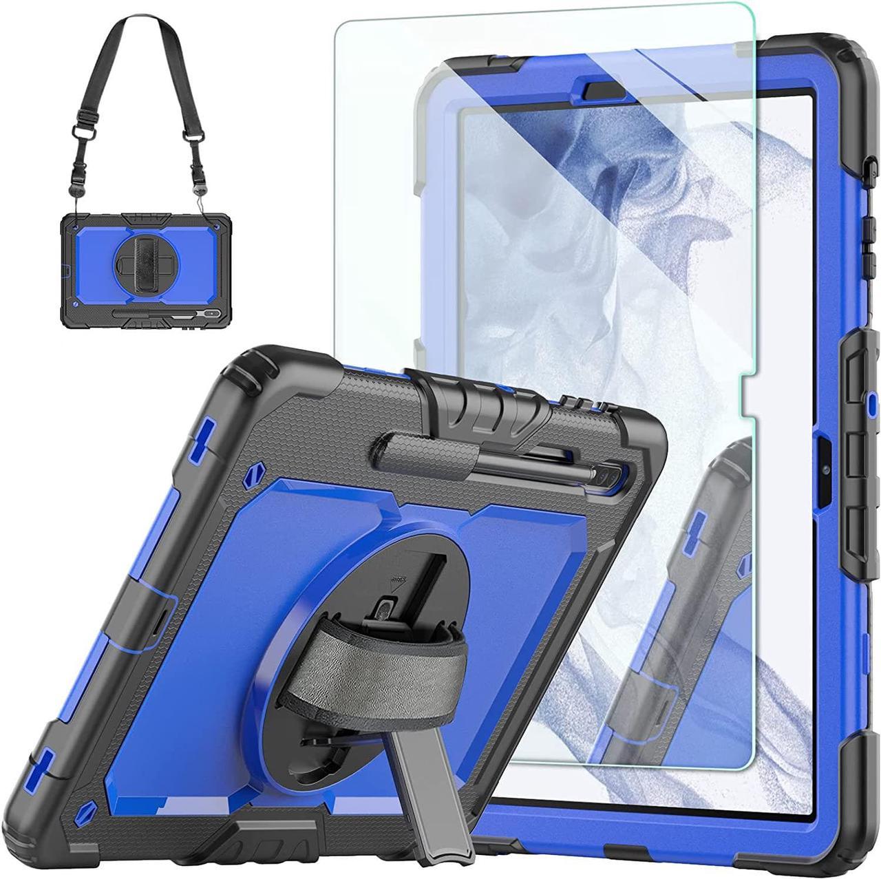 Case for Samsung Galaxy Tab S8 plus 2022/S7 FE/S7 Plus 12.4 inch, with 9H Tempered Glass Screen Protector [Upgraded Military Grade]Heavy Duty Shockproof Cover with S-Pen Holder & Strap (Blue)