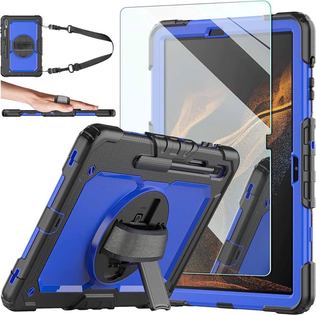 Case for Samsung Galaxy Tab S8 Ultra 14.6 inch 2022,with 9H Tempered Glass Screen Protector | Military Grade Rugged Shockproof Case for Tab S8 Ultra- S-Pen Holder&360 Stand - Handle (Blue)