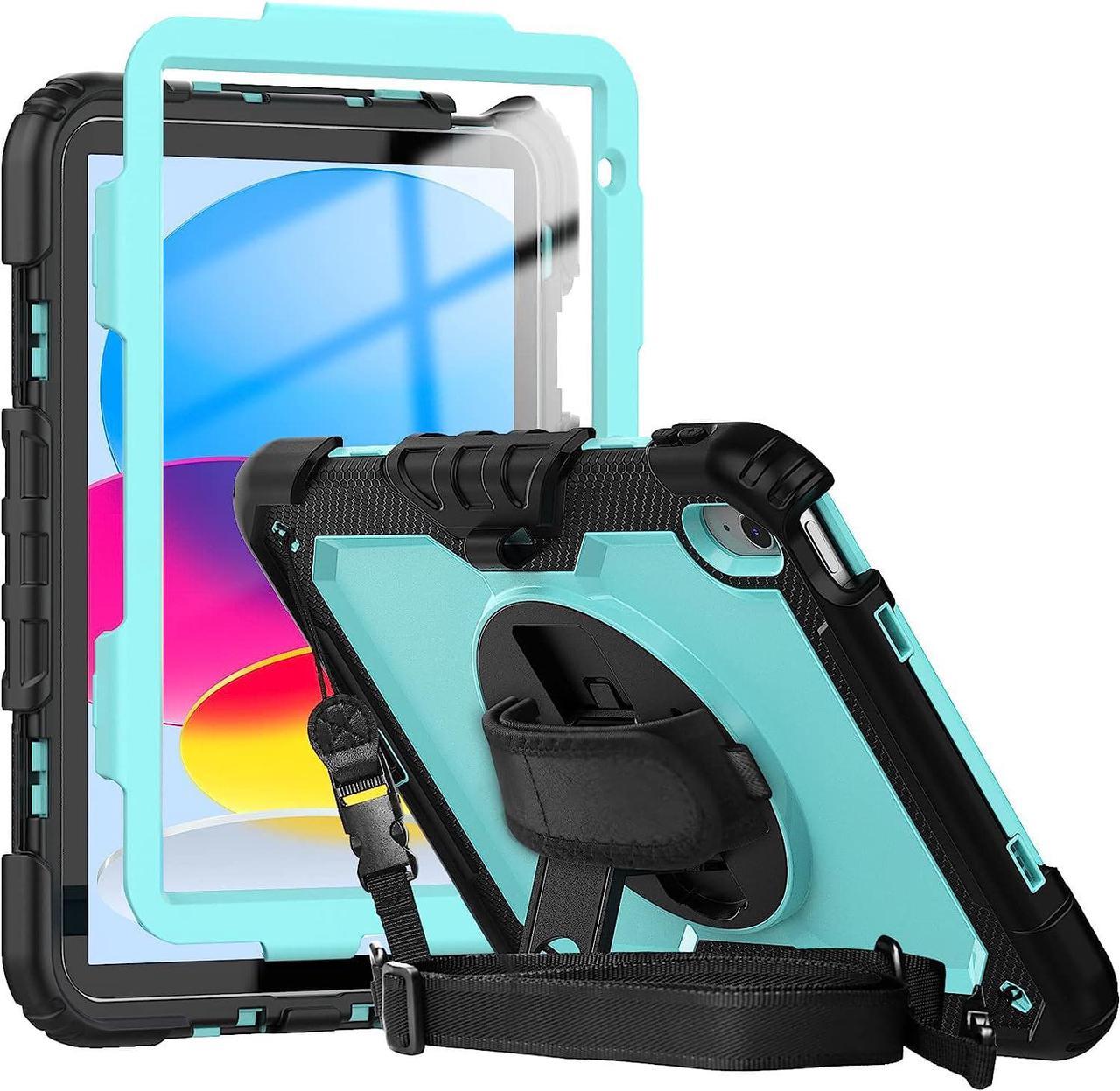 iPad 10.9 inch Case 2022 | iPad 10th Generation Cover with Screen Protector | Heavy Duty Hybrid Shock-Proof Cover W/360° Swivel Stand Hand Strap for iPad 10th Gen 2022 | SkyBlue