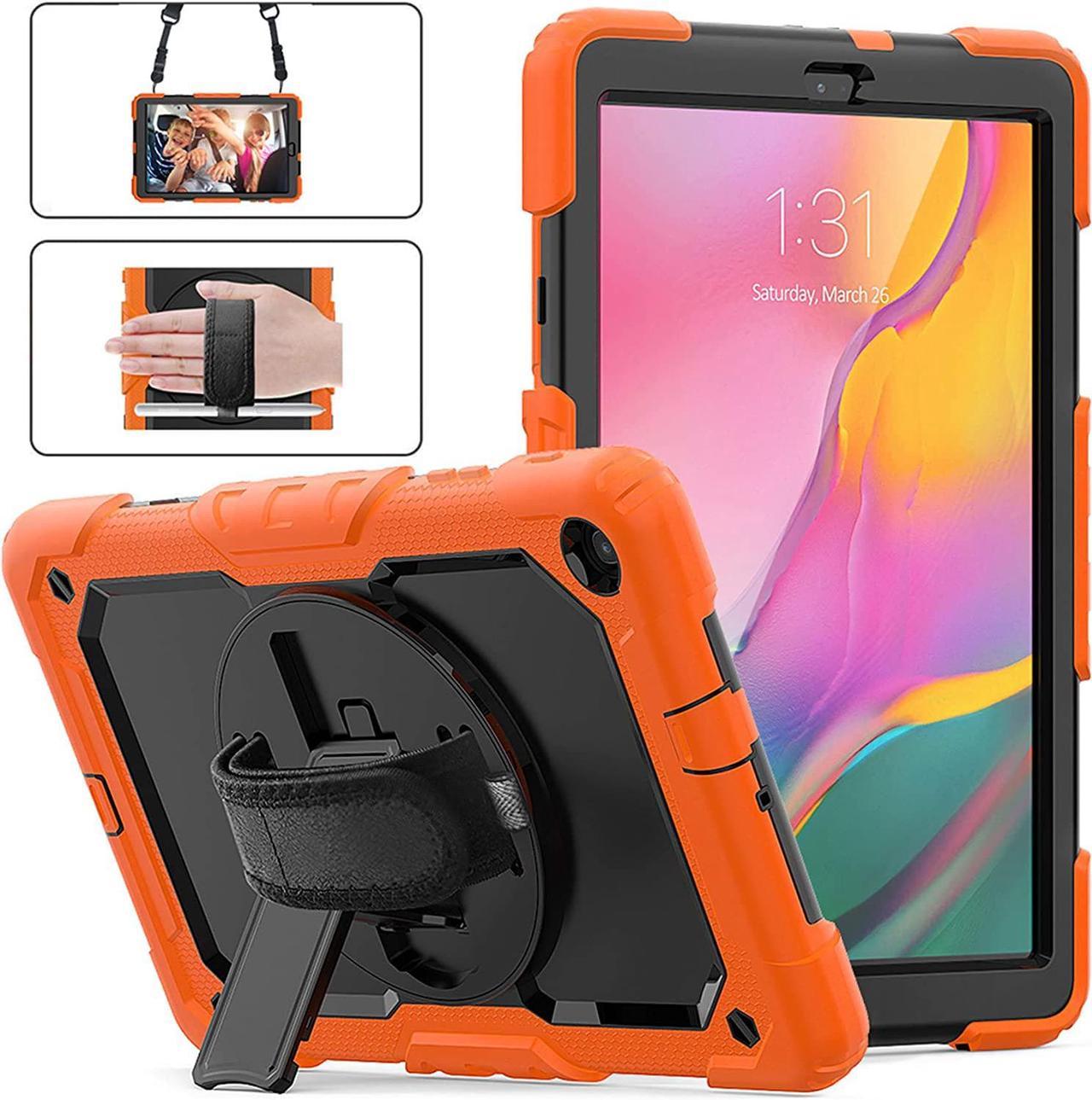 Galaxy Tab A 10.1 2019 Case with Pencil Holder,  [Screen Protector] [360 Stand] [Attachable Shoulder Strap] [Adjustable Hand Strap] Rugged Case for Samsung Tab A 10.1 SM-T510/T515 Tablet Orange