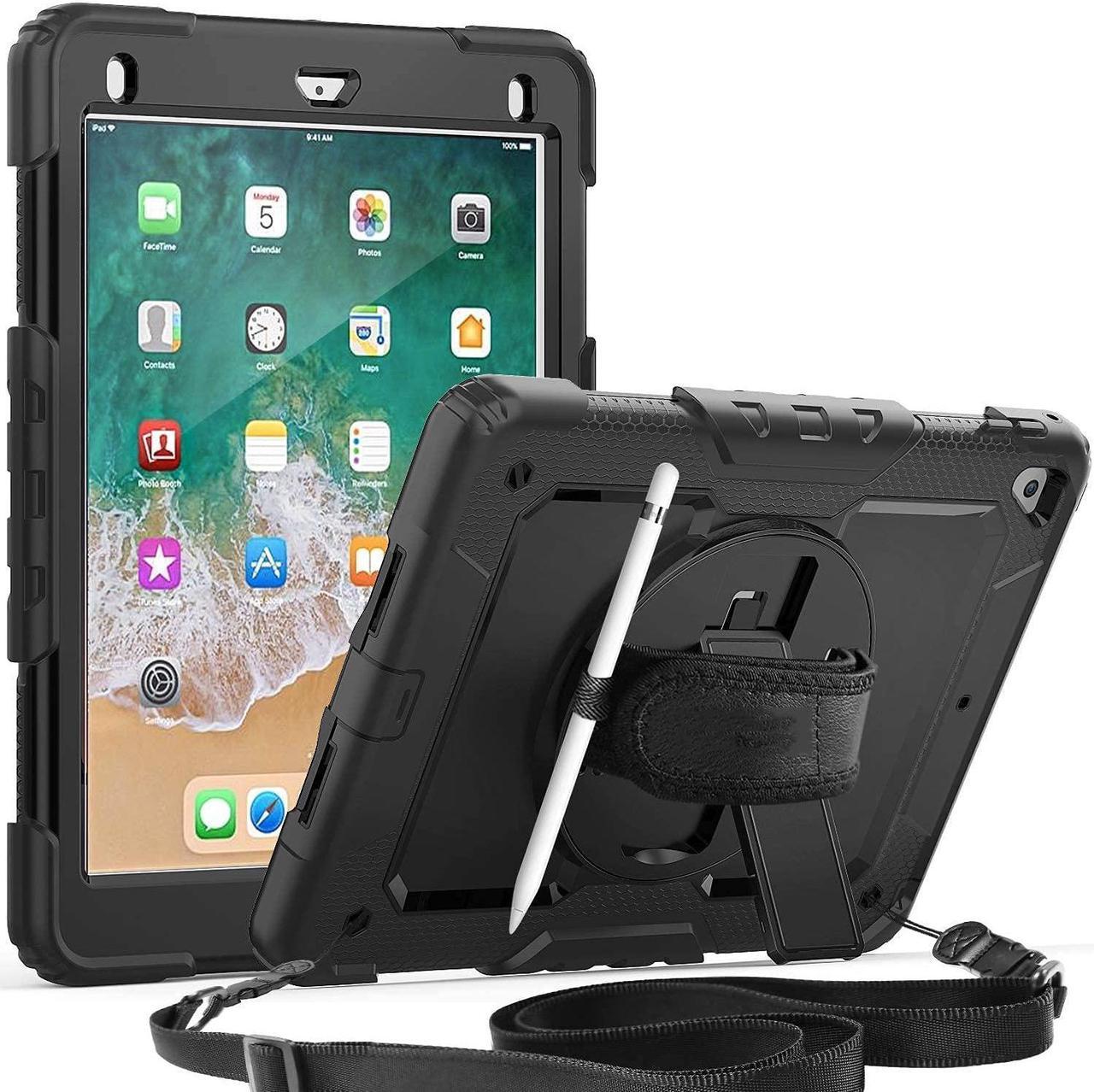 iPad 6th/5th Generation Case 9.7 Inch with Screen Protector Pen Holder | iPad 9.7 Case for Kids | Heavy Duty Silicone Protective Cover W/Hand Shoulder Strap for iPad 9.7 /Air 2/ Pro 9.7 | Black