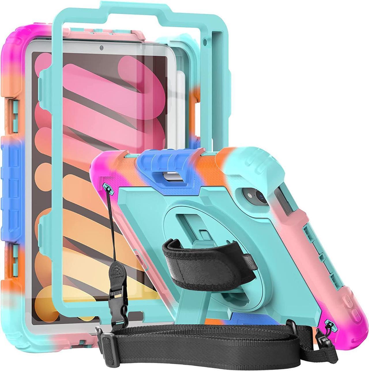 iPad Mini 6th Generation 8.3 Inch Case with Screen Protector Rotatable Stand Hand Strap Shoulder Strap | High Impact Resistant Kidsproof Drop Protection Rubber Case for iPad Mini 6 Camo+SkyBlue