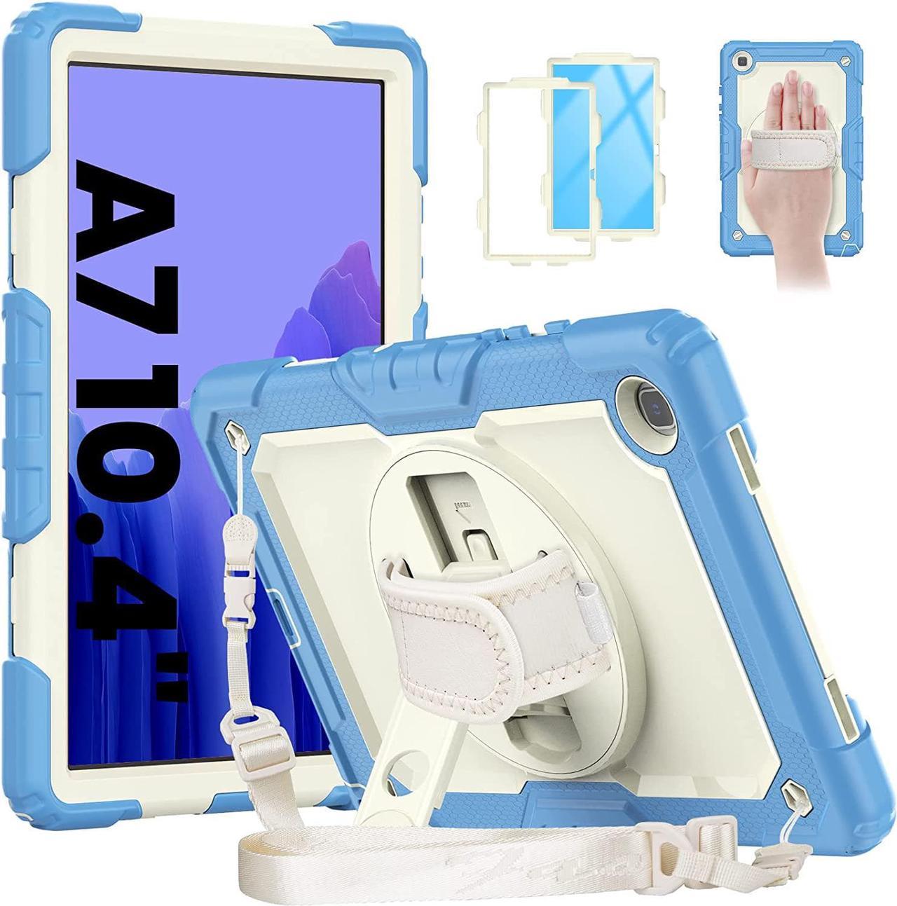 Galaxy Tab A7 Case, 10.4 Inch Shockproof Tab A7 Case with Pen Holder/Rotating Kickstand/Handle/Shoulder Strap/Screen Protector for Samsung Galaxy Tab A7, Gifts for Xmas - Milky & Indigo