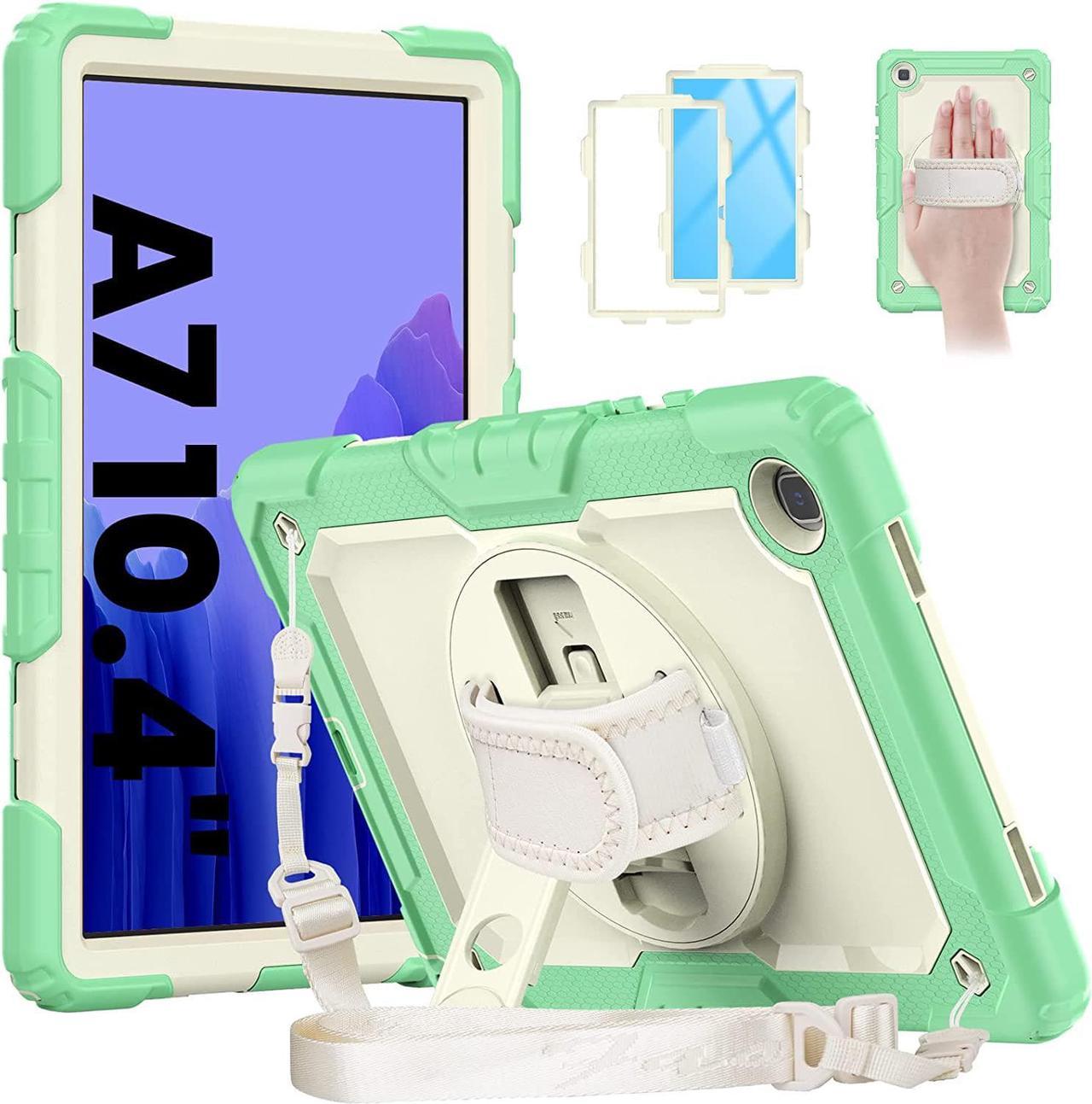 Galaxy Tab A7 Case, 10.4 Inch Heavy Duty Tab A7 Case with S Pen Holder/Rotating Kickstand/Handle/Shoulder Strap/Screen Protector for Samsung Galaxy Tab A7, Gift for Xmas - Milky & Light Green