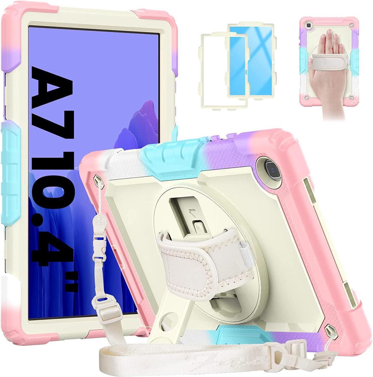 Galaxy Tab A7 Case, 10.4 Inch Shockproof Tab A7 Case with S Pen Holder/Rotating Kickstand/Handle/Shoulder Strap/Screen Protector for Samsung Galaxy Tab A7, Gifts for Kids (Milky & Pink)