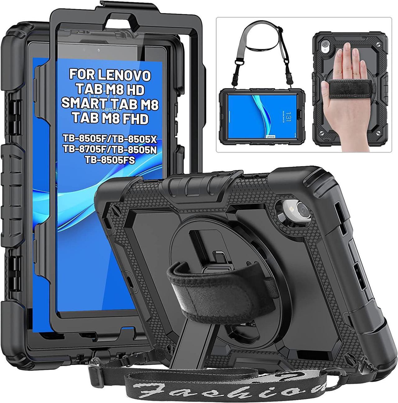 Case for with Lenovo Tab M8 (HD/FHD 2019 8.0 inch TB-8505F TB-8505X TB-8505FS TB-8705F TB-8705N,Shockproof Case with Screen Protector/Shoulder Strap/Rotating Hand Strap/Stand, Black