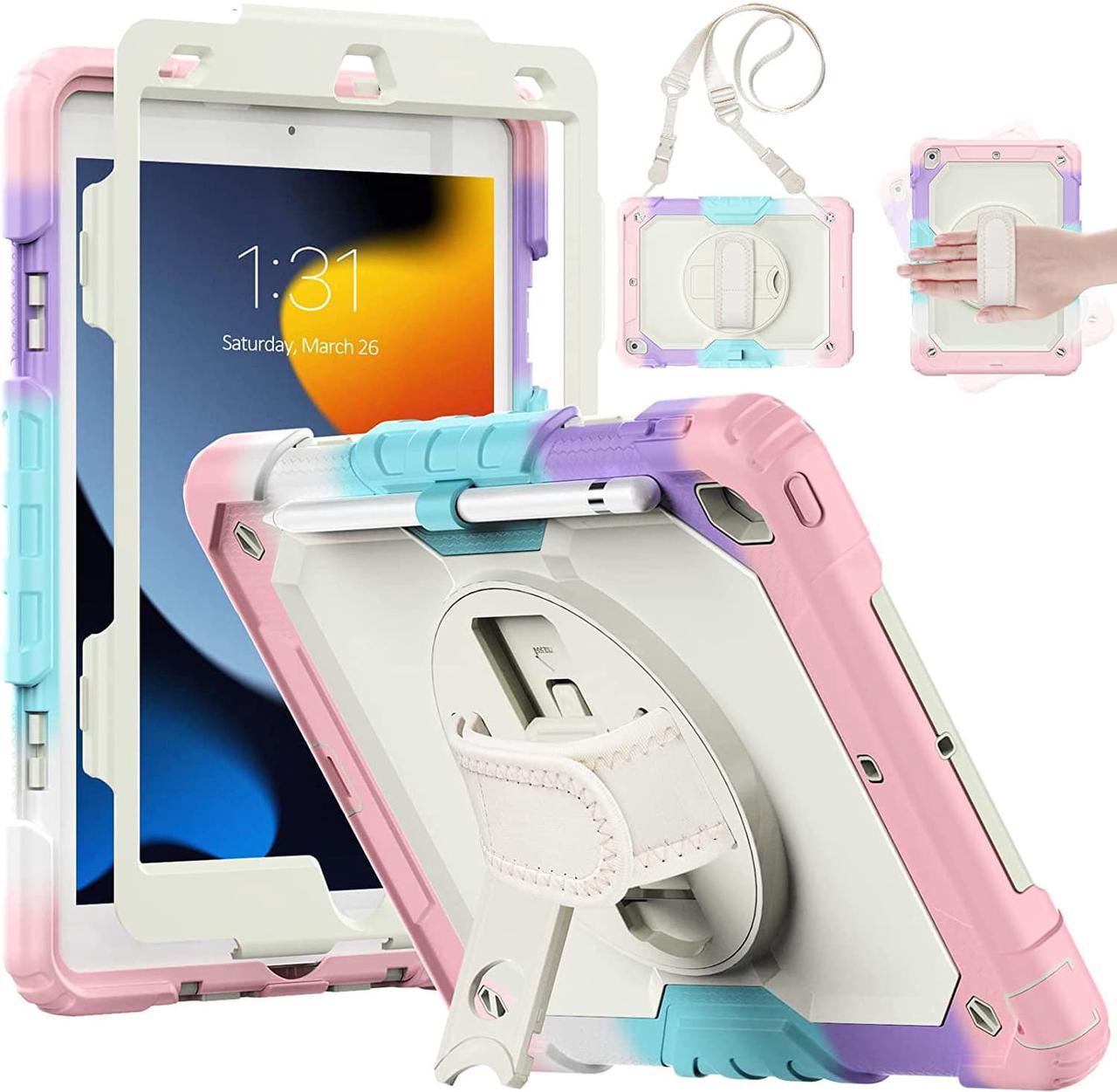 for iPad 9th 8th 7th Generation Case, iPad Case 10.2 with Screen Protector/Pencil Holder/Rotating Hand Strap Stand, Heavy Duty Protective iPad 9/8/7 Case Cover 2021/2020/2019, Pink