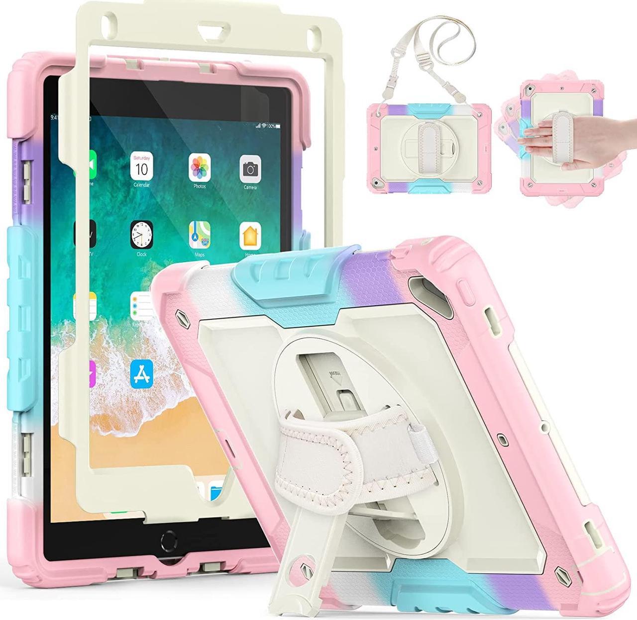 Case Compatible with iPad 6th/5th Generation 9.7", Shockproof Case with [Screen Protector] Pencil Holder, 360 Rotating Stand Hand Strap for iPad Air 2 9.7 Inch (2017/2018), Milky+Pink