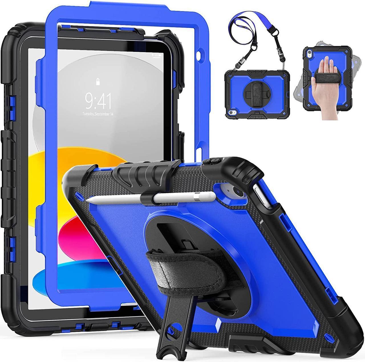 iPad 10th Generation Case 10.9 inch 2022, Shockproof Sturdy Cover with 360 Rotating Hand Strap Stand/Screen Protector/Pencil Holder, Heavy Duty iPad 10th Gen Case A2696/A2757/A2777, Blue