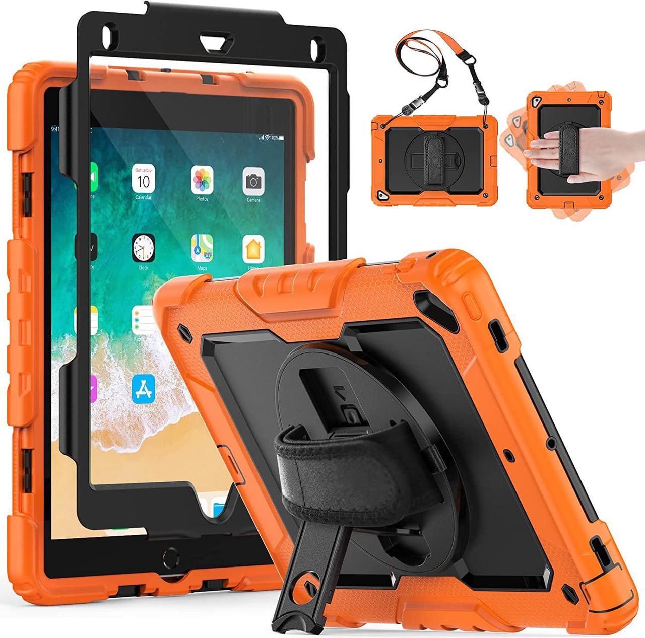 iPad Pro 9.7" inch & Air 2 & 9.7 inch Case 2018/2017/2016/2014 with Screen Protector Pencil Holder, Shockproof Sturdy Case,360 Rotating Stand/Hand Strap for iPad 6th/5th Generation-Orange