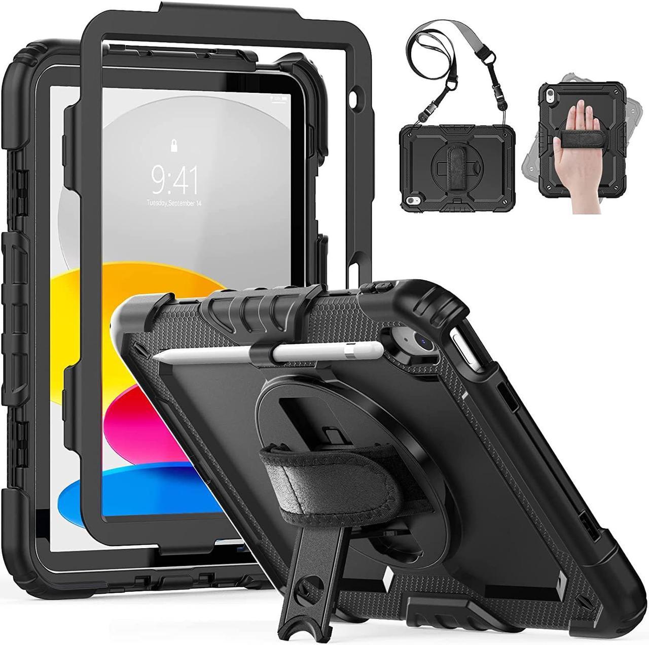 Shockproof iPad 10th Generation Case10.9 inch 2022, iPad 10 Cover with 360° Rotating Hand Strap Stand/Screen Protector/Pencil Holder, Heavy Duty iPad 10th Gen Case A2696/A2757/A2777, Black