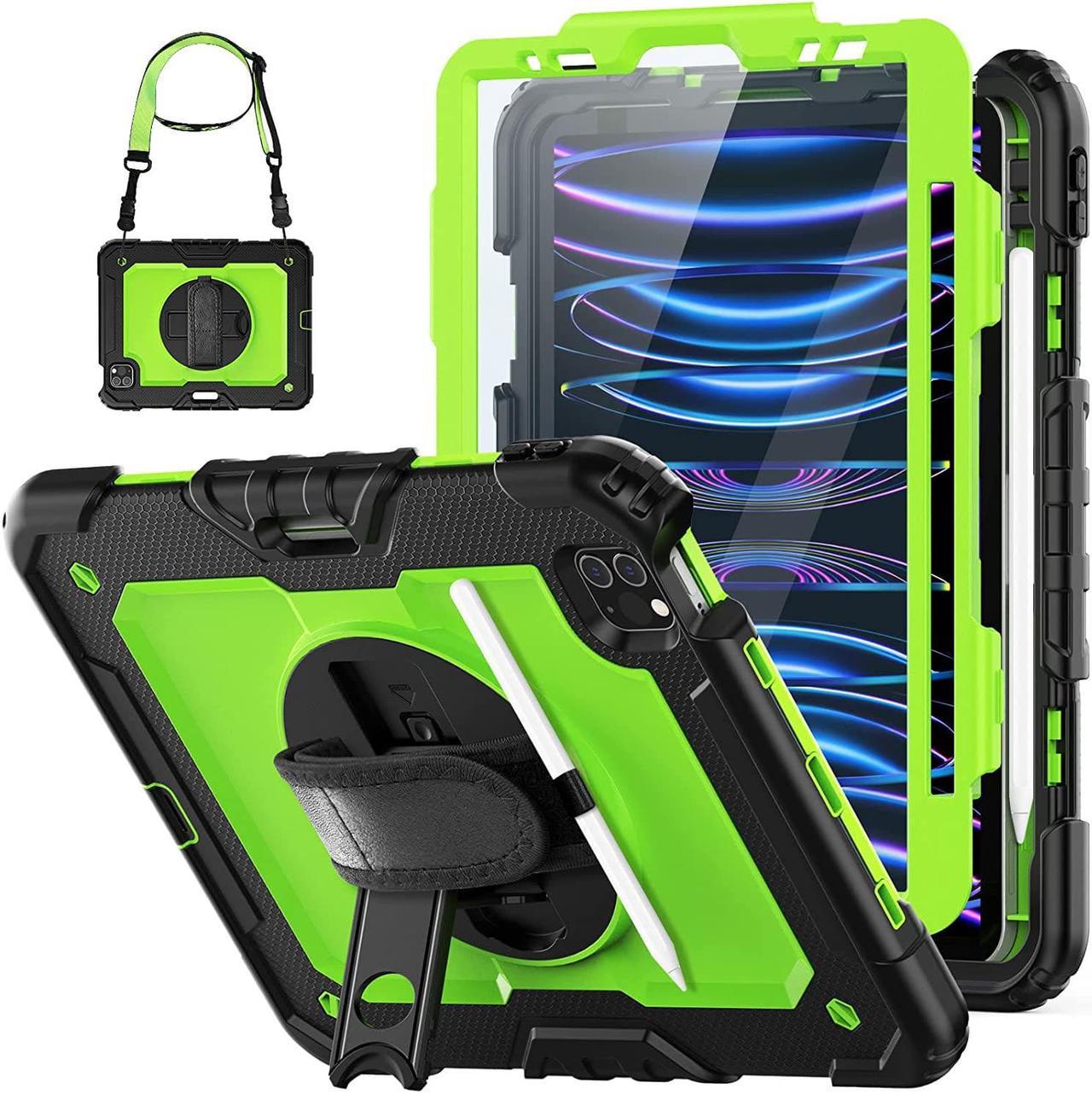 for iPad Pro 11 inch Case Kids (2022/2021/2020/2018) with Screen Protector / 360 Rotating Hand Strap Stand/Pencil Holder, [3-Layer] Protective iPad 11 Case Pro 4th/3rd/2nd/1st, Green