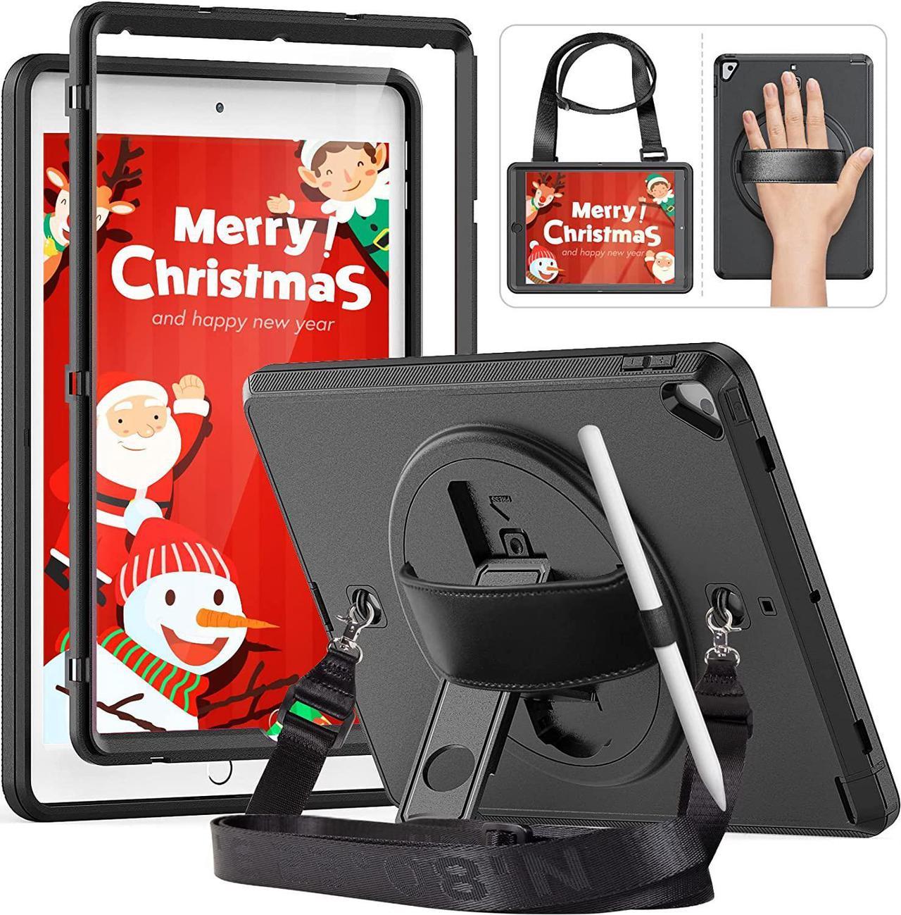 iPad 9th/8th/7th Generation case with Screen Protector Pencil Holder, 360°Rotating Stand/Hand Strap, Shockproof Full Body Protective case for iPad 10.2 inch 2021/2020/2019 - Black