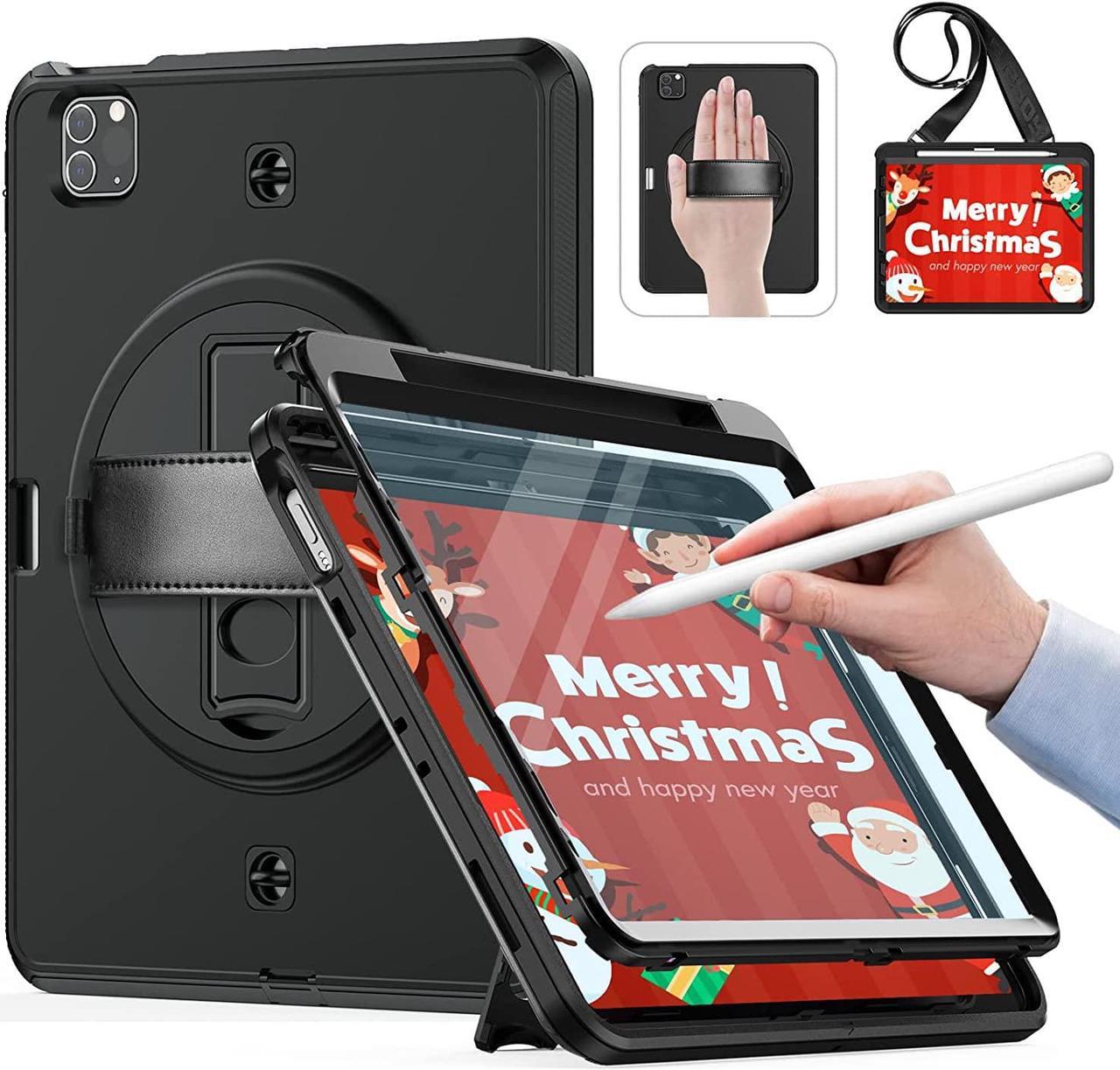 iPad Air 5th 4th Gen 10.9 inch 2022 2020 case, iPad Pro 11 inch case 4th 3rd Generation 2022 2021 with Pencil Holder, Screen Protector Hand Strap Shoulder Strap 360 Rotatable Stand - Black