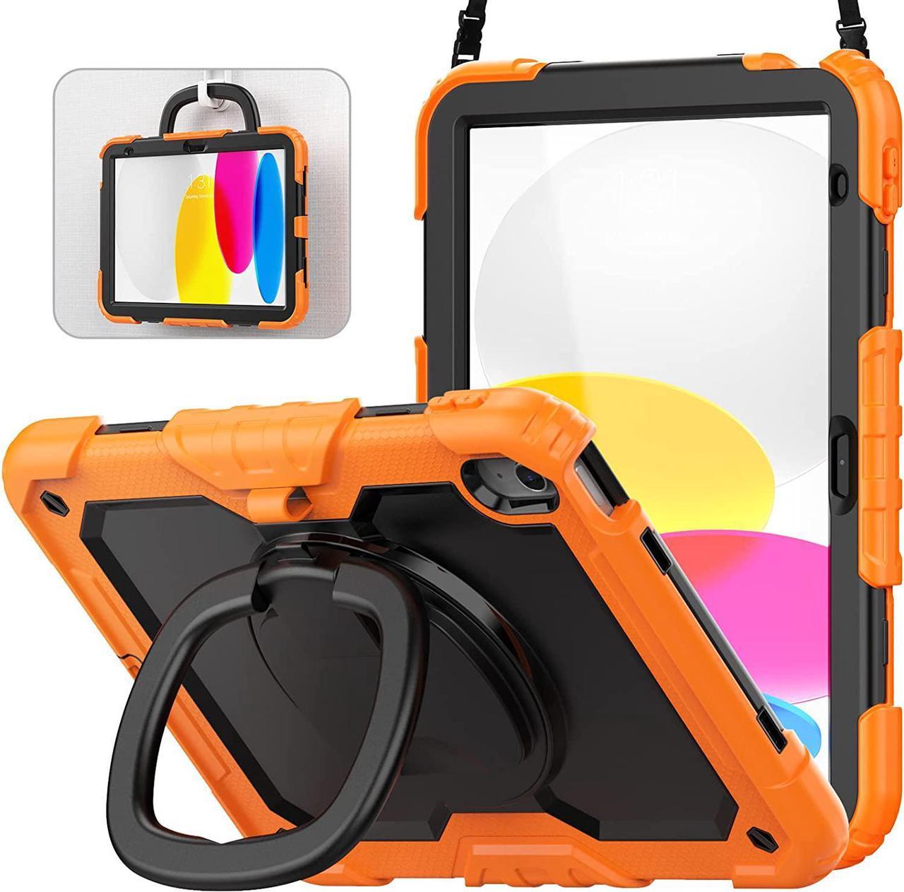 iPad Case 10th Generation 10.9" inch 2022 with Screen Protector, 3-Layer Protective Case with 360°Rotating and 180°Folding Stand,Shoulder Strap,Pencil Holder for 10th gen ipad case,Orange