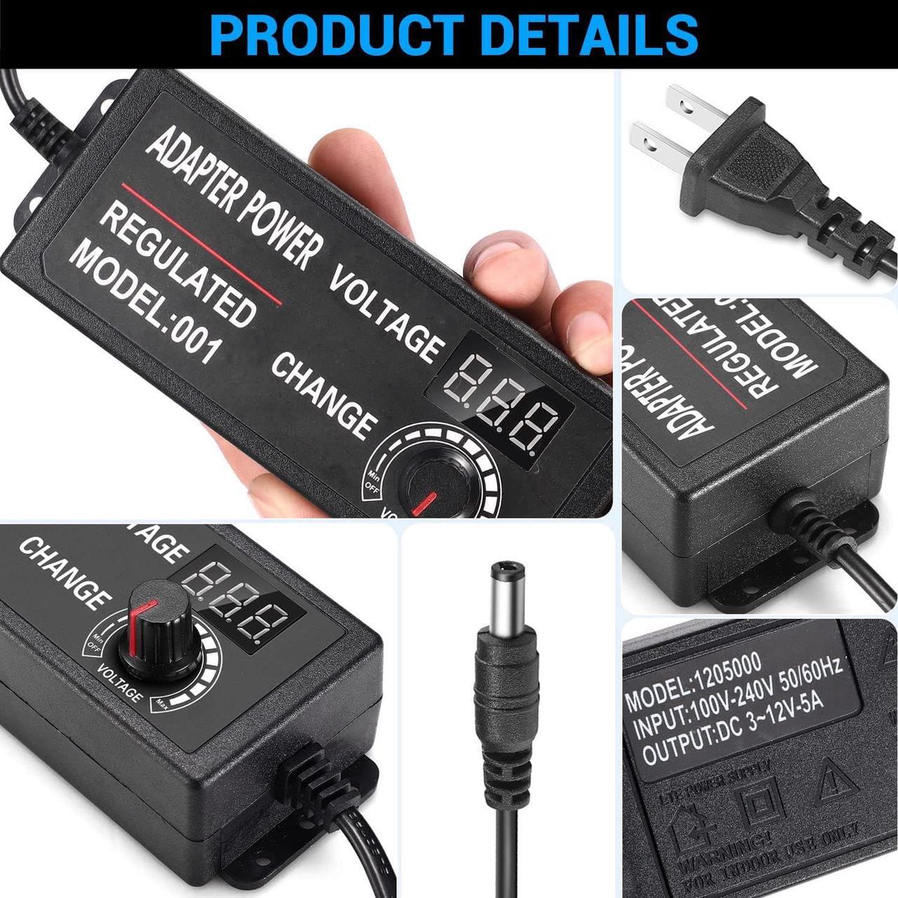 Alt view image 2 of 7 - 3V-12V 5A 60W Adjustable Power Supply with LED Display, Variable DC 3V 5V 6V 9V 12V Universal AC/DC Adapter, 100V-240V AC to DC 3-12V Switching Power Converter Multi-Voltage Regulated Adaptor - OEM