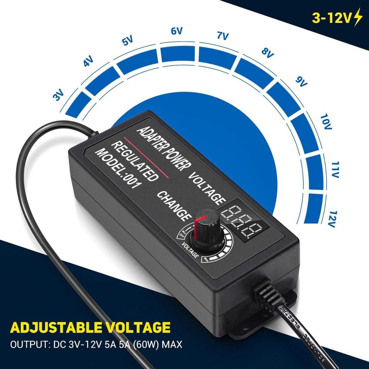 Alt view image 4 of 7 - 3V-12V 5A 60W Adjustable Power Supply with LED Display, Variable DC 3V 5V 6V 9V 12V Universal AC/DC Adapter, 100V-240V AC to DC 3-12V Switching Power Converter Multi-Voltage Regulated Adaptor - OEM
