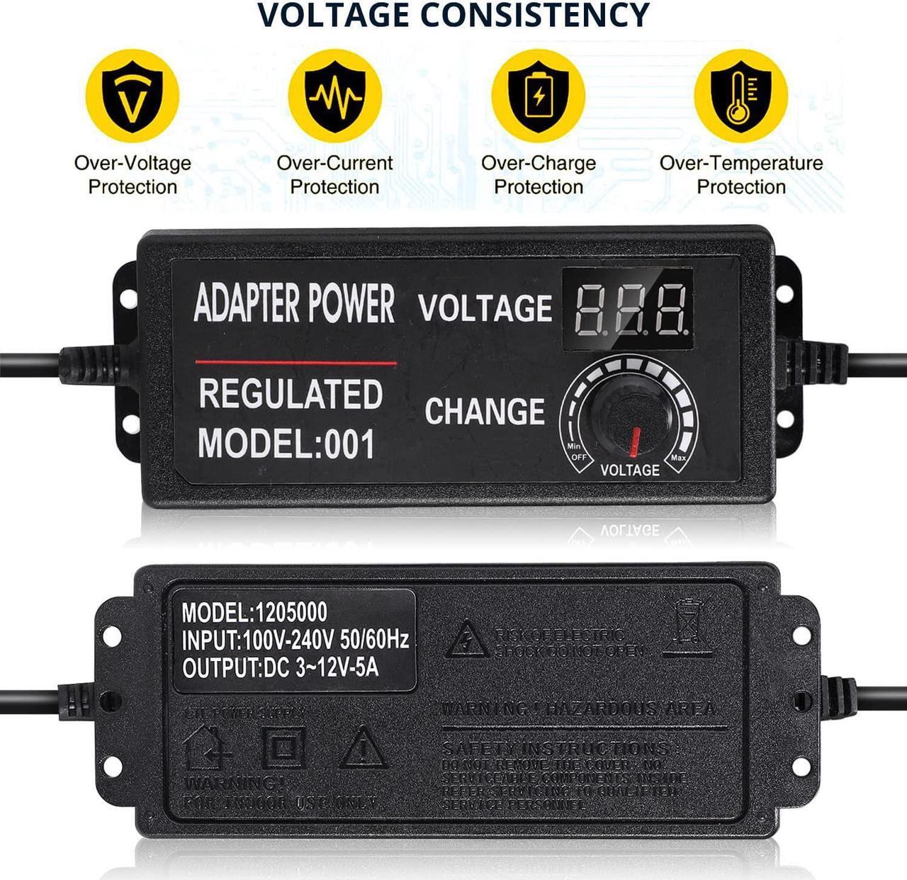 Alt view image 5 of 7 - 3V-12V 5A 60W Adjustable Power Supply with LED Display, Variable DC 3V 5V 6V 9V 12V Universal AC/DC Adapter, 100V-240V AC to DC 3-12V Switching Power Converter Multi-Voltage Regulated Adaptor - OEM