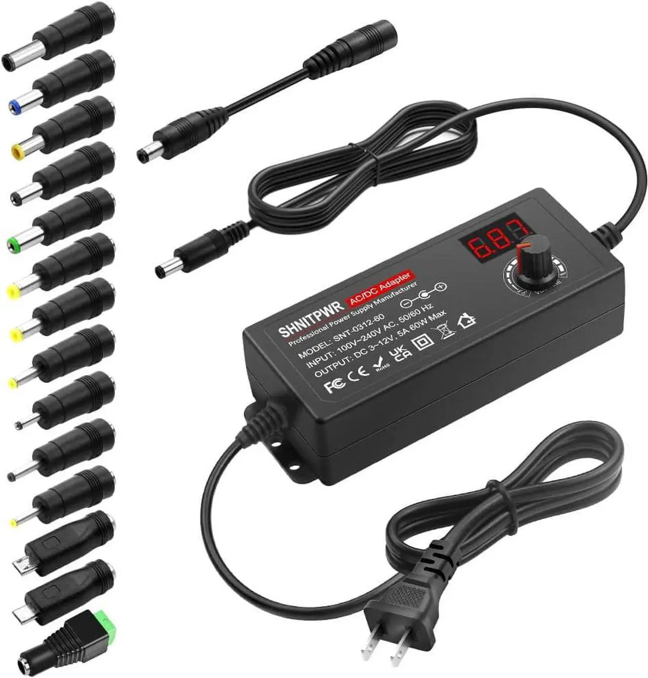 Main image of 60W Universal Power Supply DC 3V 4V 4.5V 5V 6V 7V 7.5V 8V 9V 10V 11V 12V Adjustable Variable Power Adapter 100V-240V AC to DC Converter 1A 2A 2.5A 3A 4A 5A with 14 Tips & Polarity Converter - OEM