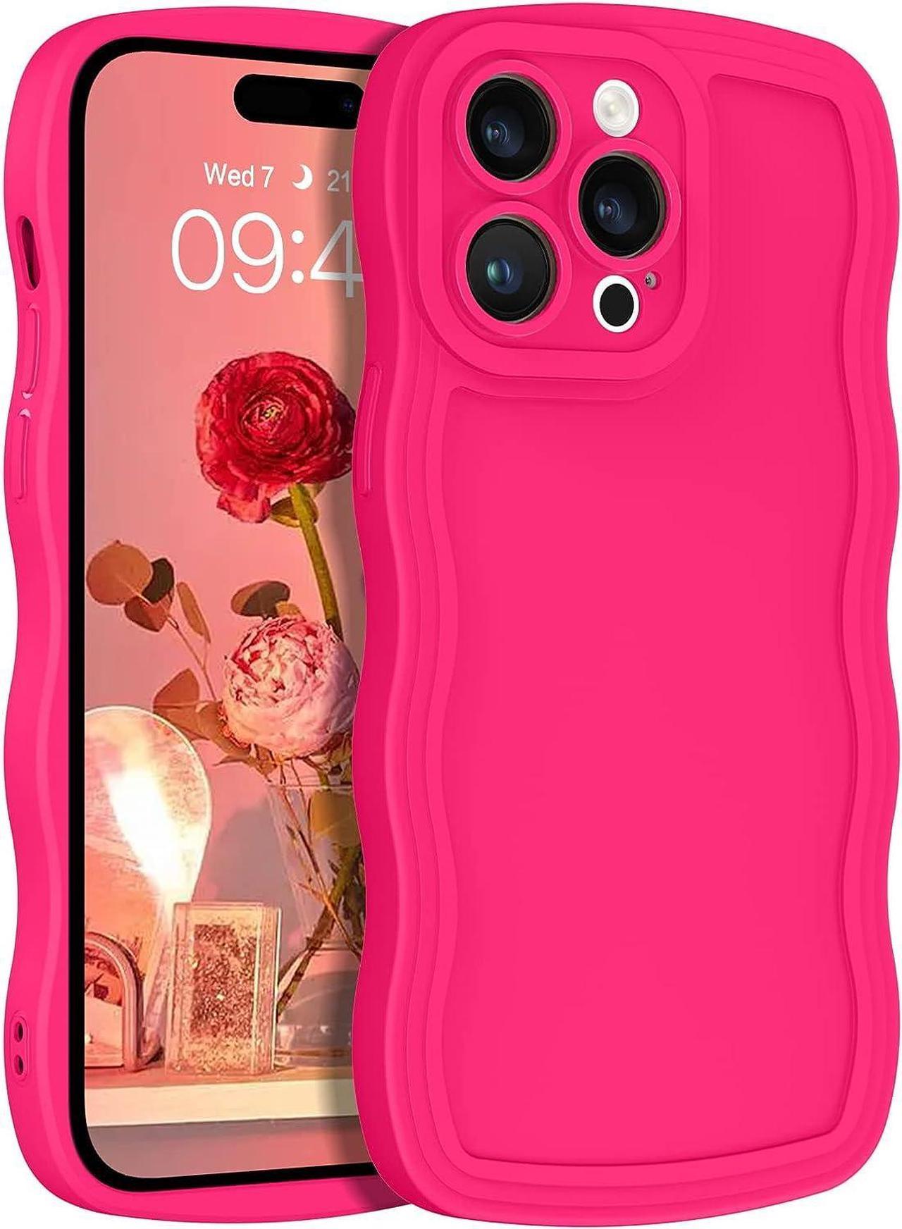 Case for iPhone 14 Pro Case, Neon Pink Soft Silicone Gel Rubber Phone Cover, Cute Curly Wave Frame Shape Slim TPU Bumper Shockproof Protective Case 6.1 Inch, Hot Pink