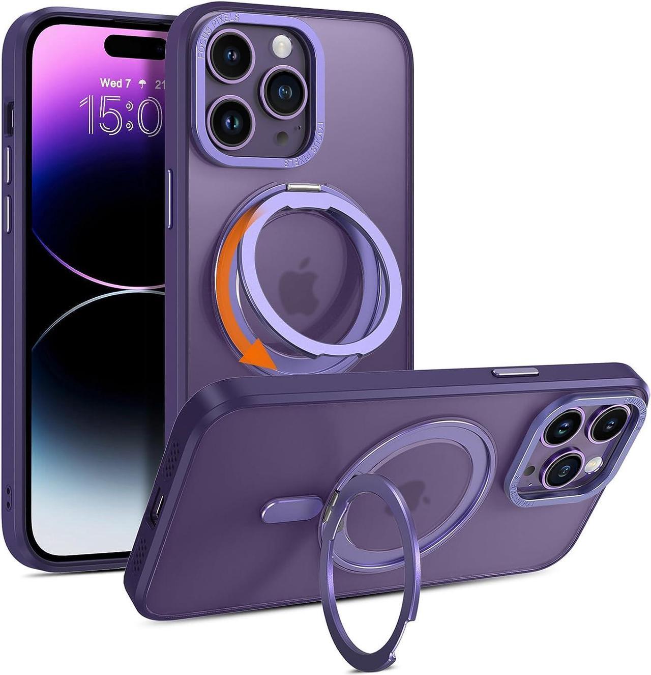 Case for iPhone 14 Pro Max, Magnetic Case [Compatible with Magsafe] with 360° Rotatable Ring Holder Invisible Stand Slim Translucent Men Women Shockproof Protective Phone Cover 6.7 Inch,Purple