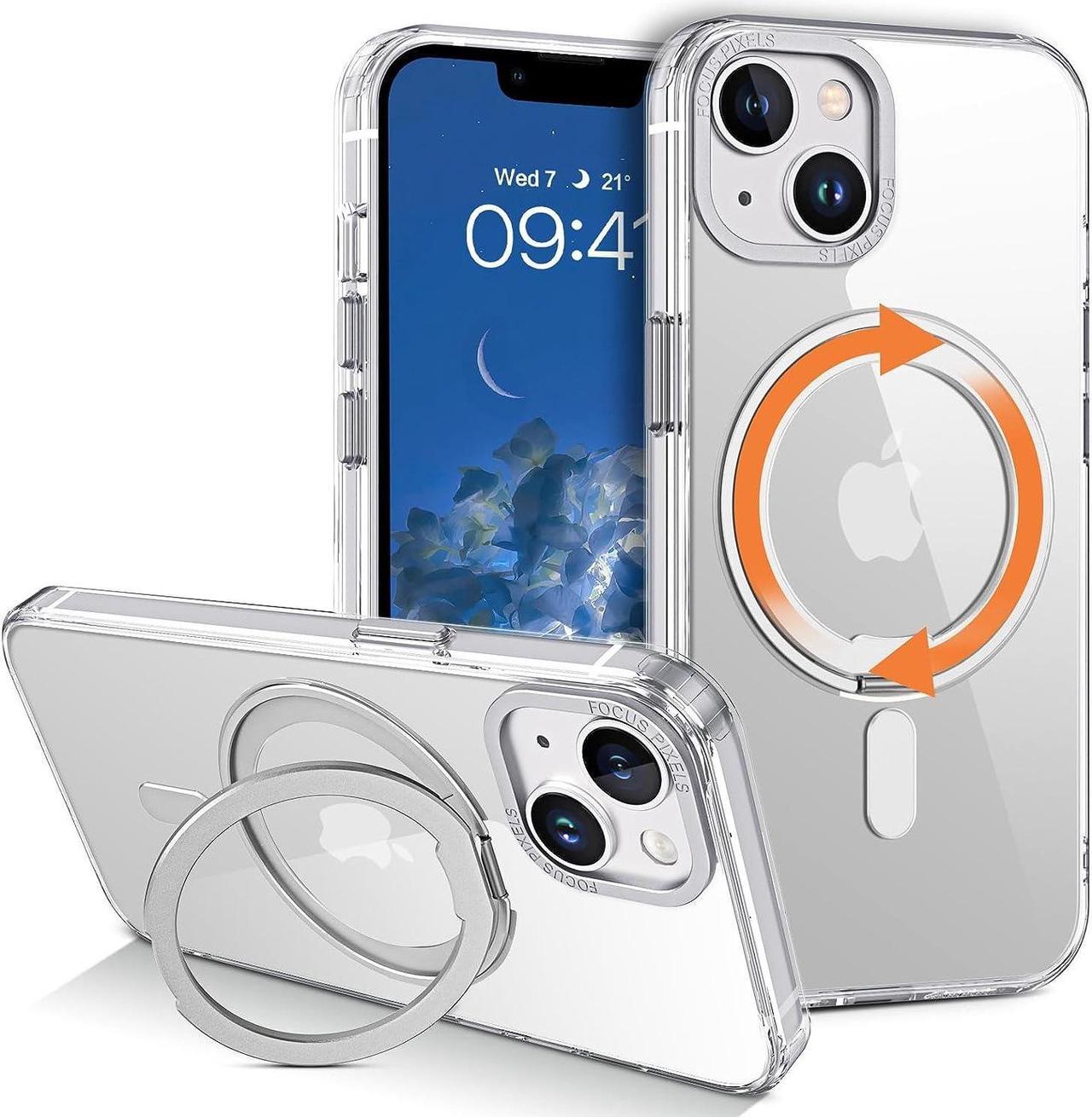 Case for iPhone 14/13, Magnetic Case [Compatible with Magsafe] with 360° Rotatable Ring Holder Invisible Stand Slim Transparent Men Women Shockproof Protective Phone Cover 6.1 Inch, Clear