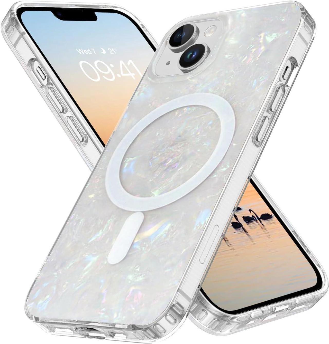 Case for iPhone 14 / iPhone 13 [Compatible with MagSafe] Magnetic Slim Glitter Bling Sparkly Pearl Mother-of-Pearl Seashell Women Girly Soft Shockproof Protective Phone Cover 6.1 Inch, White