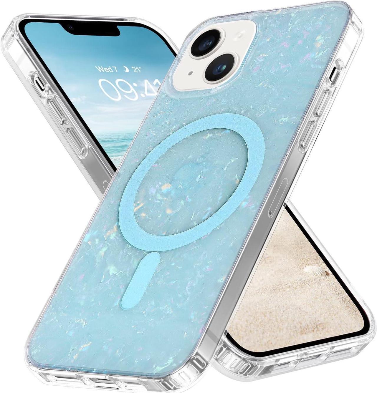 Case for iPhone 14, iPhone 13 Case [Compatible with MagSafe] Magnetic Slim Glitter Bling Sparkly Pearl Mother-of-Pearl Seashell Women Girls Soft Shockproof Protective Phone Cover 6.1 Inch, Blue