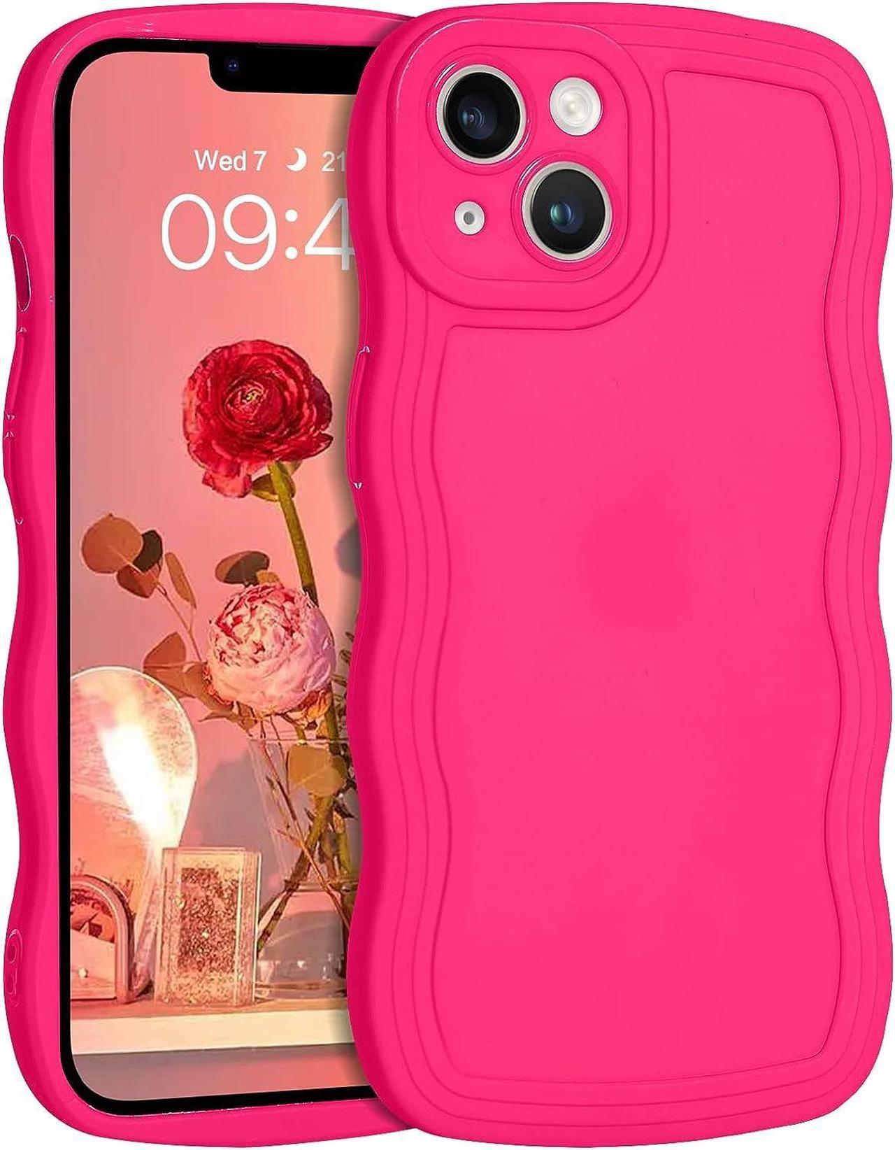 Case for iPhone 14, Neon Pink Phone Cover, Cute Curly Wave Frame Shape Slim Soft TPU Gel Rubber Bumper Shockproof Protective Phone Cases 6.1 Inch, Hot Pink